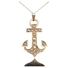 Antique Victorian Pearl Anchor Pendant Necklace 15K Gold - c.1900