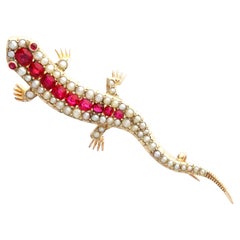 Antique Victorian Pearl and 1.42 Carat Ruby Rose Gold Lizard Brooch
