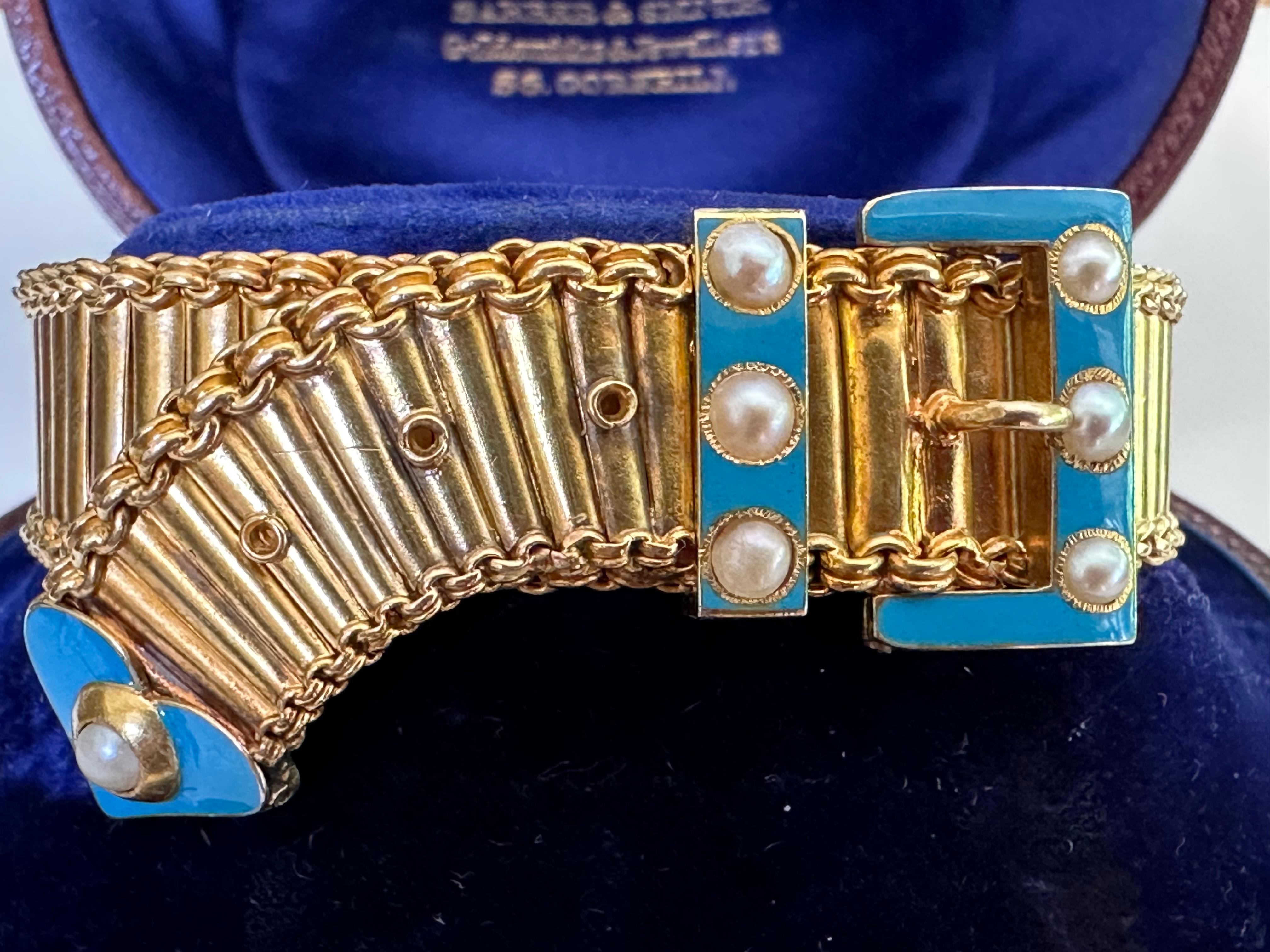 Antique Victorian Pearl and Blue Enamel Belt Buckle Bracelet  For Sale 3