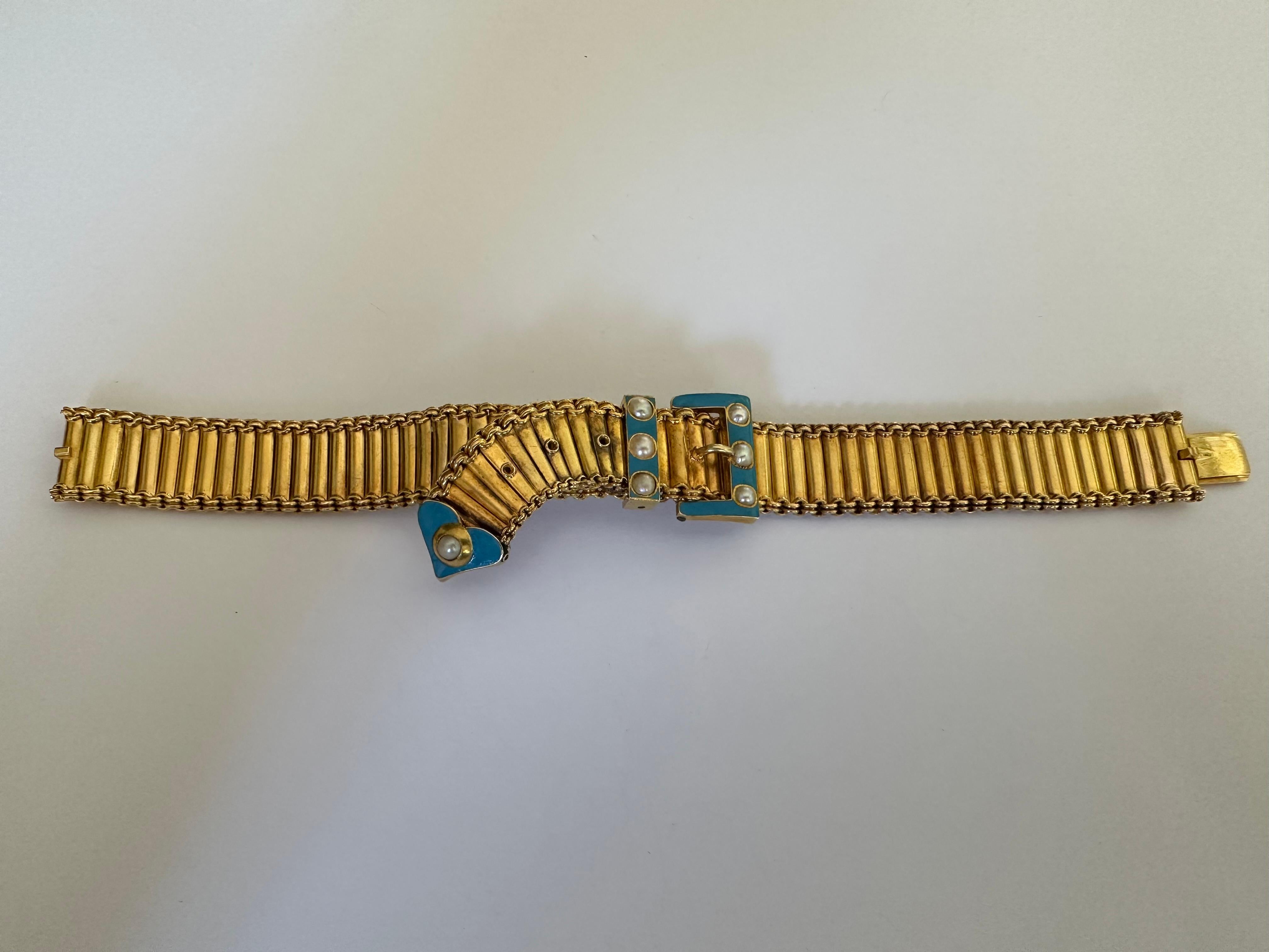 Antique Victorian Pearl and Blue Enamel Belt Buckle Bracelet  For Sale 4