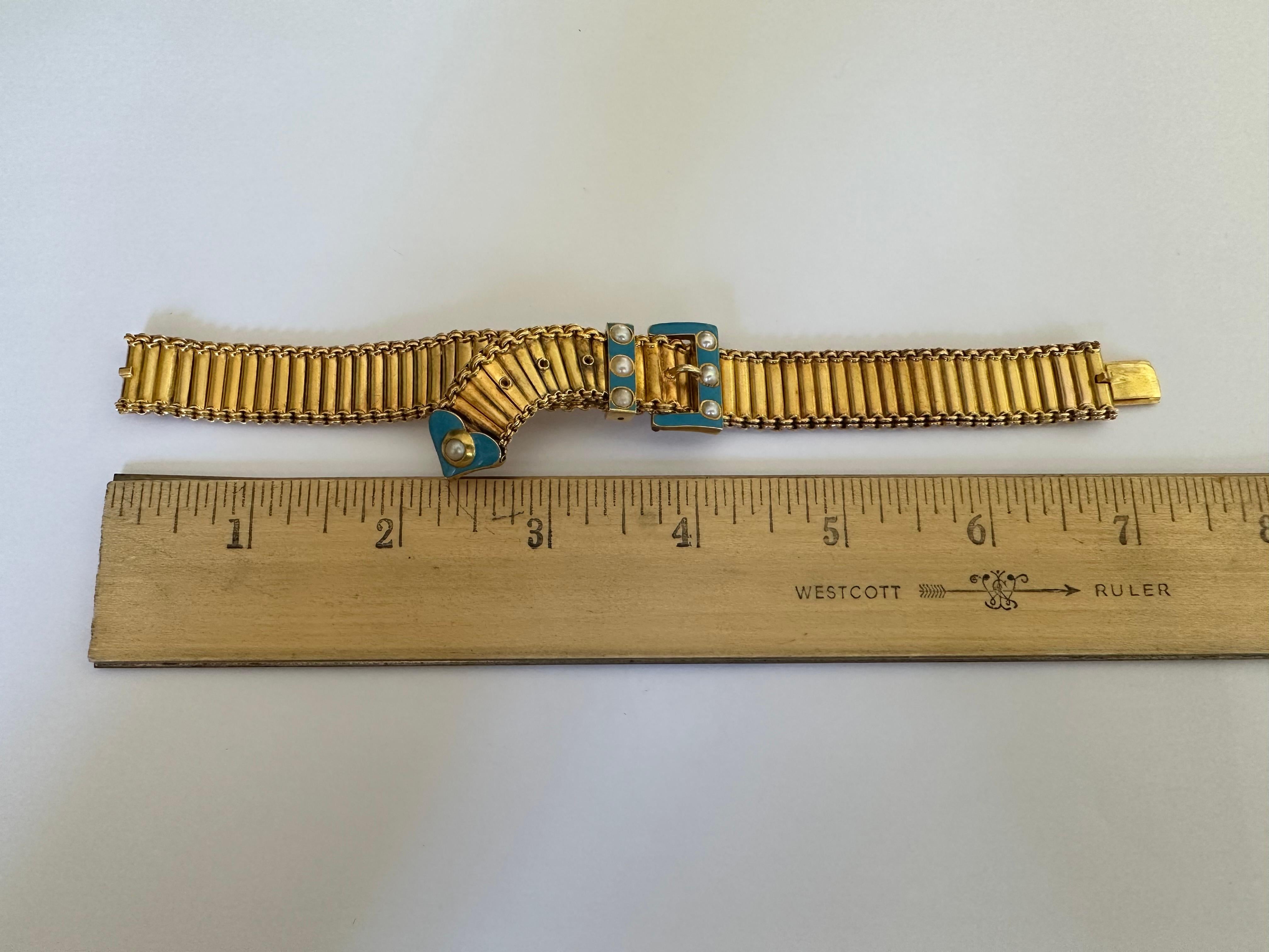 Antique Victorian Pearl and Blue Enamel Belt Buckle Bracelet  For Sale 5