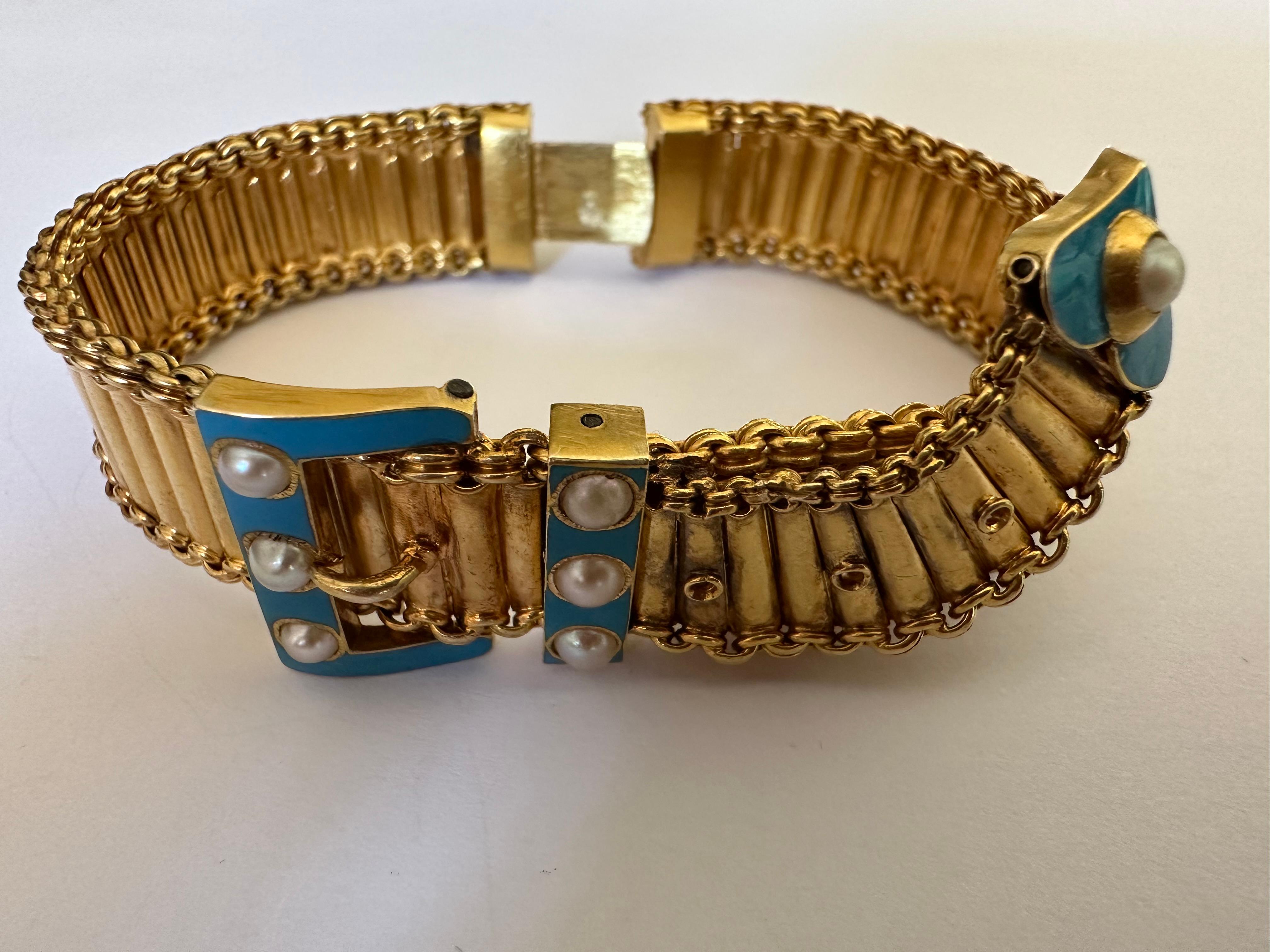 Antique Victorian Pearl and Blue Enamel Belt Buckle Bracelet  For Sale 6