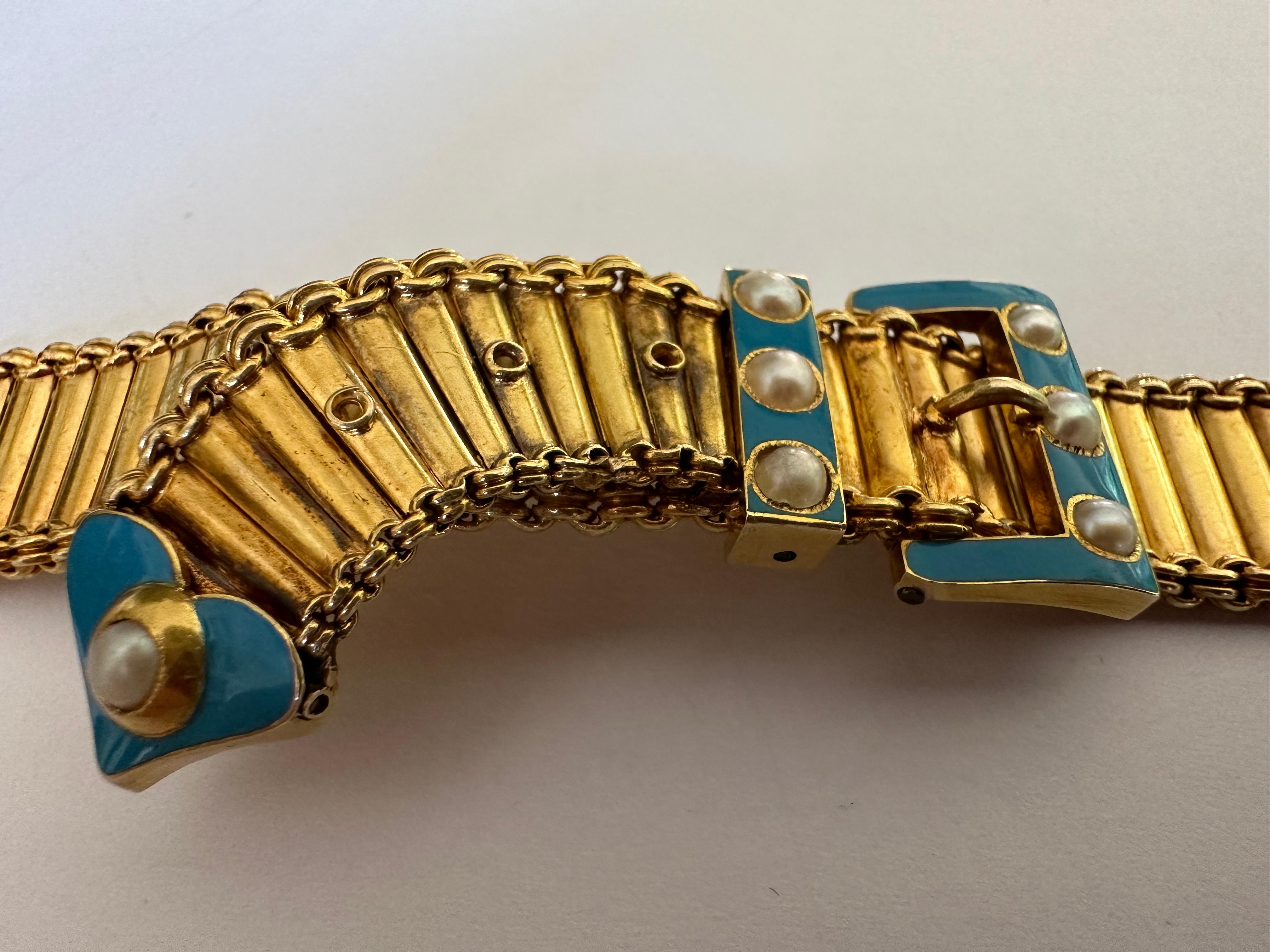 Antique Victorian Pearl and Blue Enamel Belt Buckle Bracelet  For Sale 7