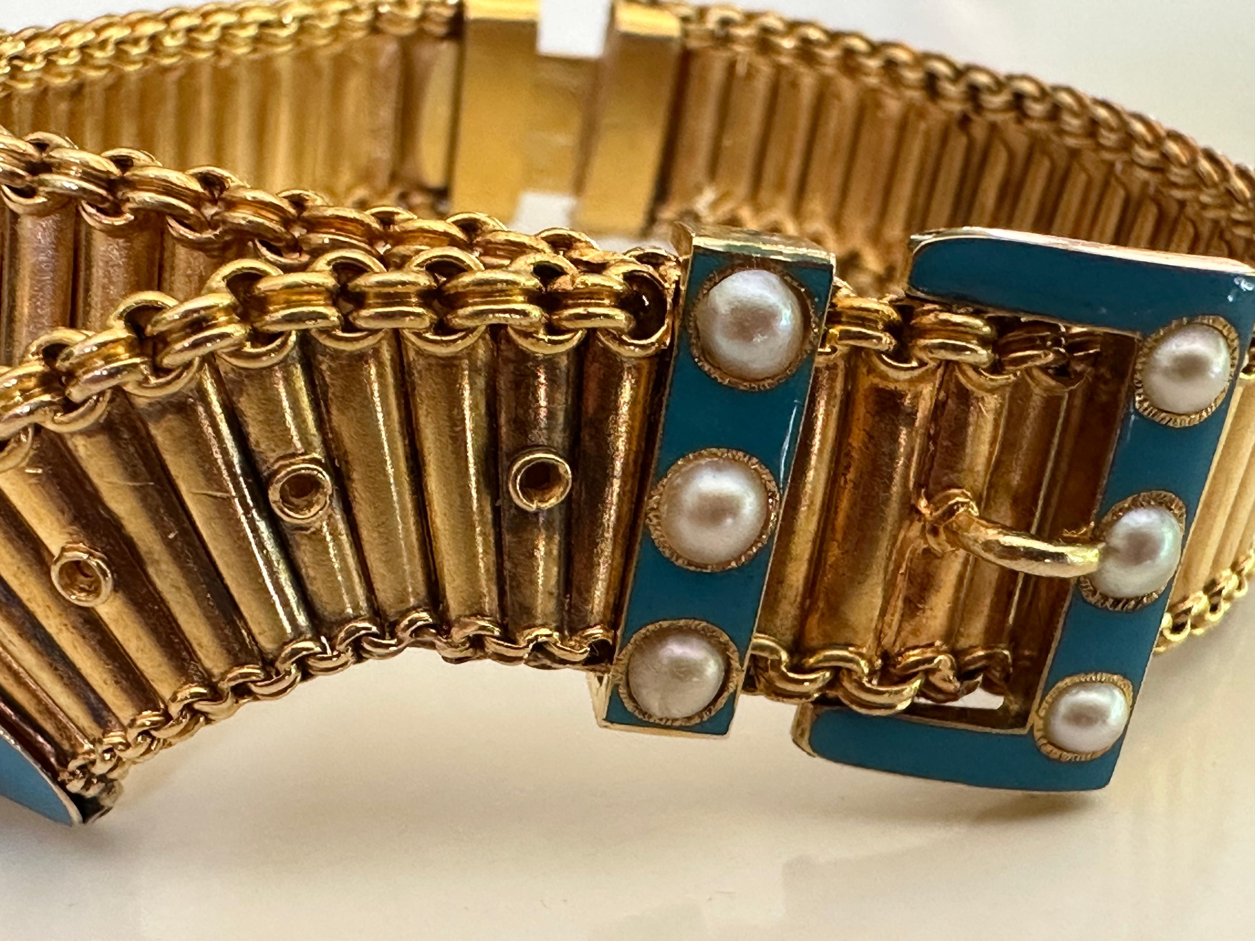 Antique Victorian Pearl and Blue Enamel Belt Buckle Bracelet  In Good Condition For Sale In Denver, CO