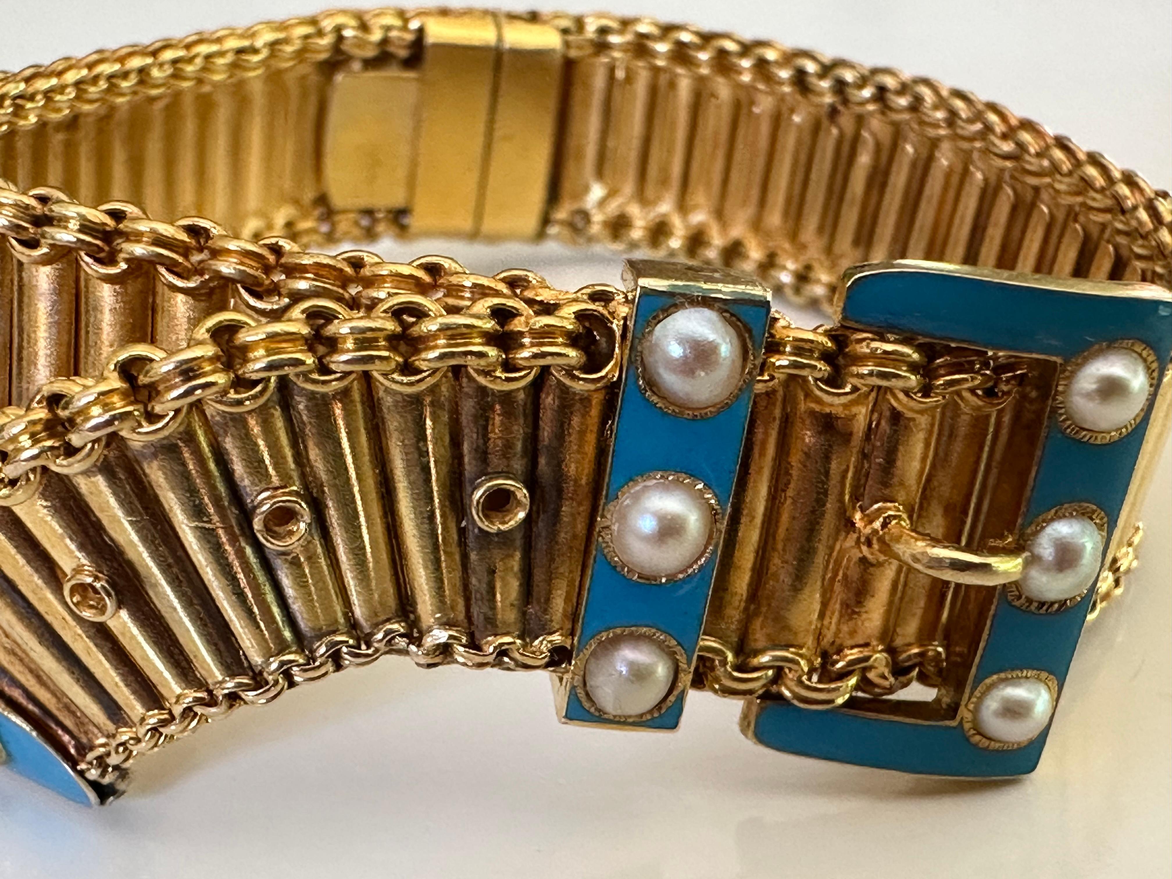 Antique Victorian Pearl and Blue Enamel Belt Buckle Bracelet  For Sale 1
