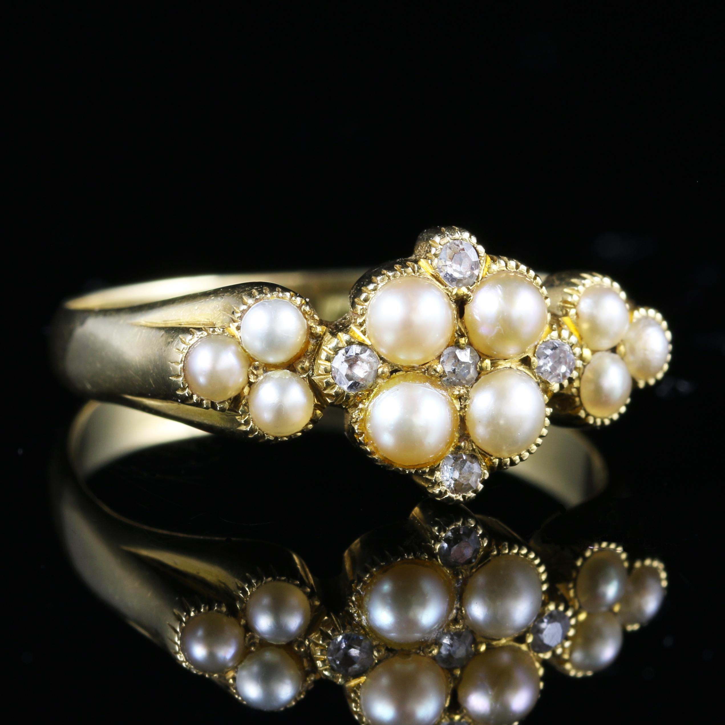 For more details please click continue reading 

This genuine original Victorian Pearl and Diamond ring is Circa 1860

Ten fabulous rich creamy Pearls adorn this ring set with Diamonds. Pearls have a wonderful lustre with a rich creamy tone, they