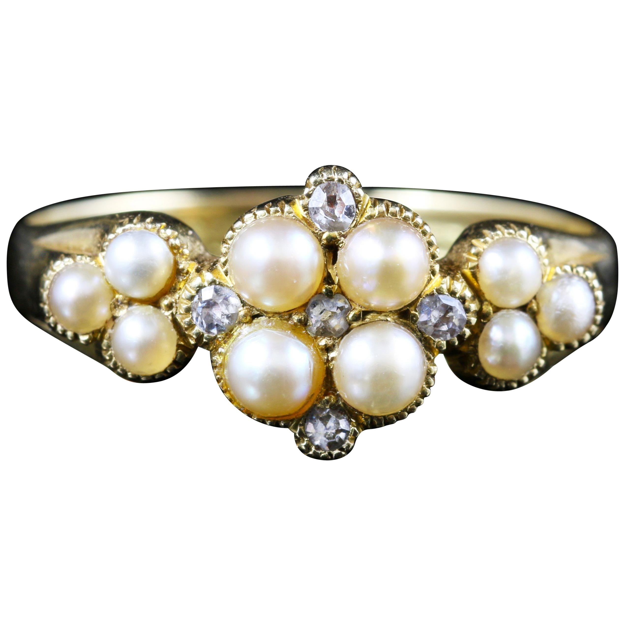 Antique Victorian Pearl and Diamond Ring 18 Carat Yellow Gold, circa 1860