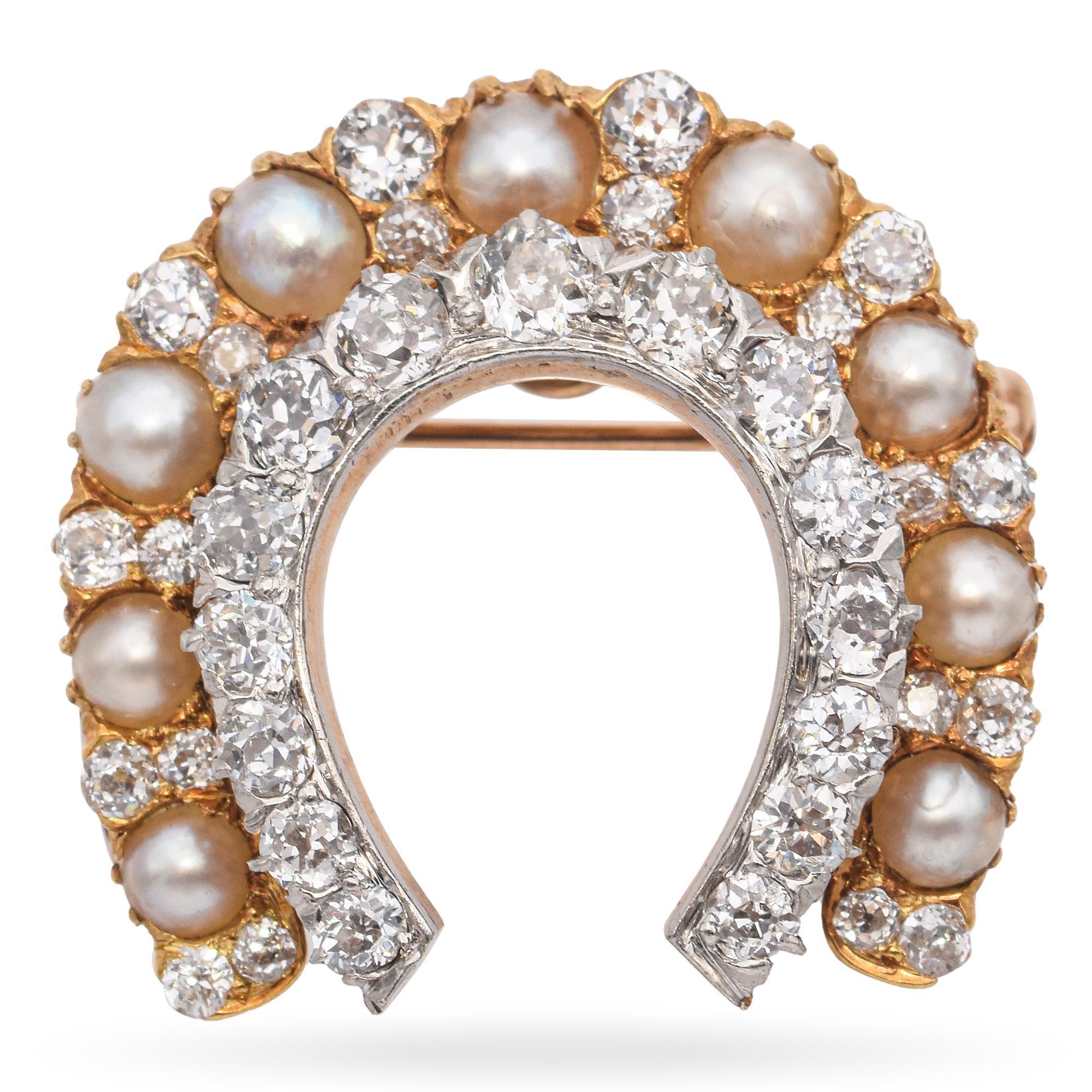 Antike viktorianische Perle und alte Mine Cut Diamond Hufeisen Anhänger Brosche (Viktorianisch)