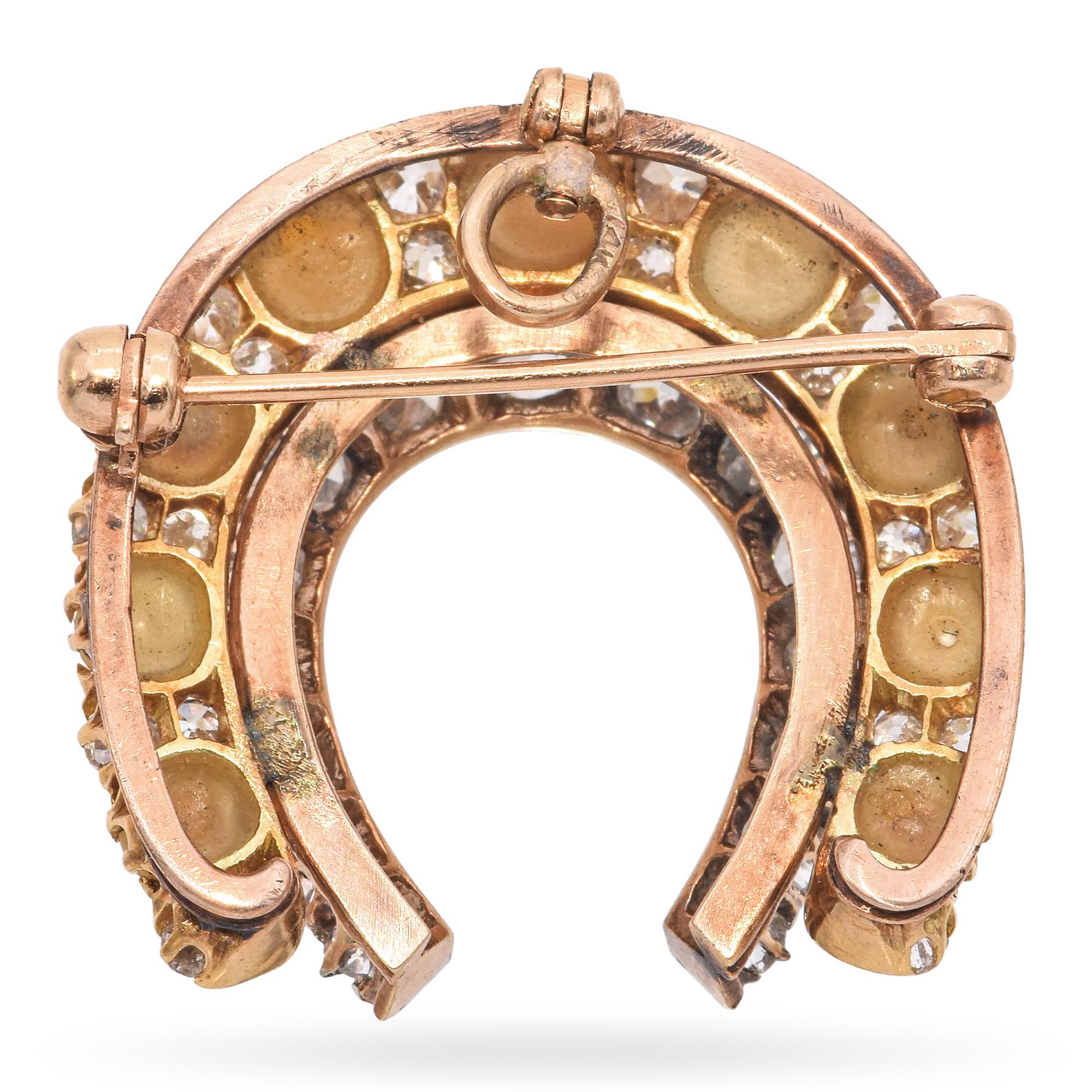 Antike viktorianische Perle und alte Mine Cut Diamond Hufeisen Anhänger Brosche (Alteuropäischer Brillantschliff)
