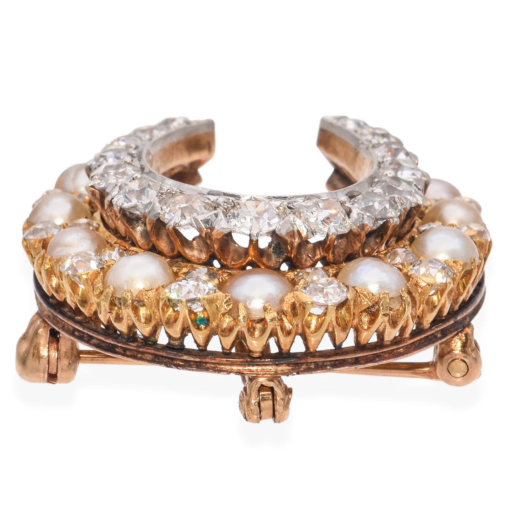 Antike viktorianische Perle und alte Mine Cut Diamond Hufeisen Anhänger Brosche Damen
