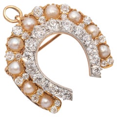 Antike viktorianische Perle und alte Mine Cut Diamond Hufeisen Anhänger Brosche