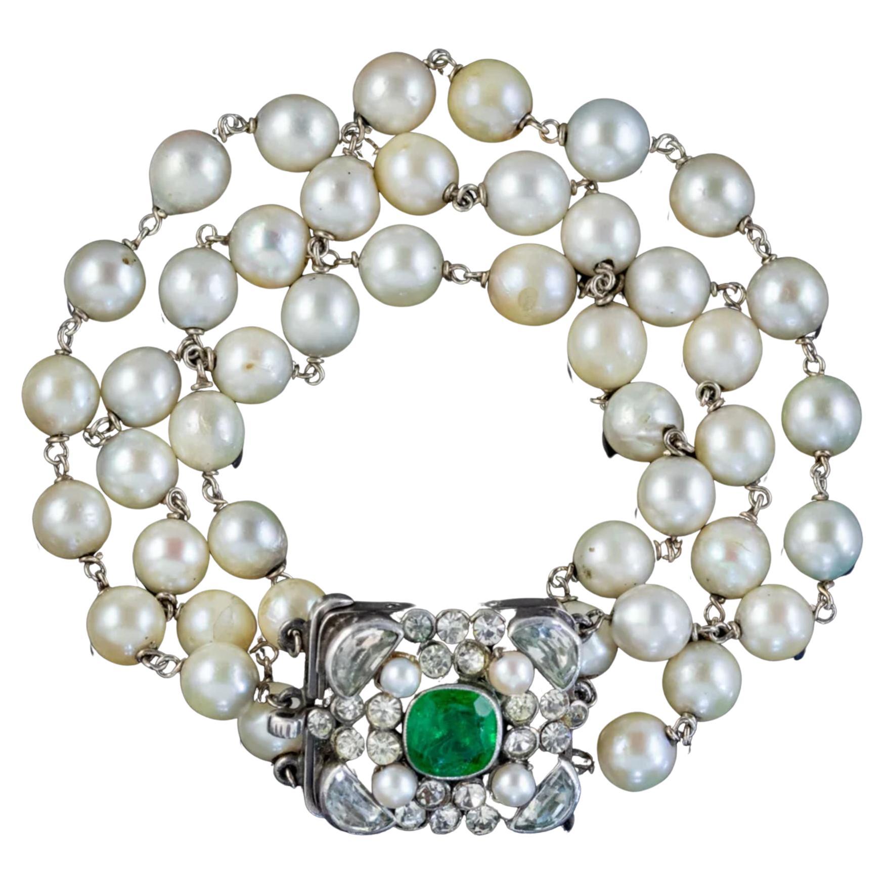 Antique Victorian Pearl Bracelet Green Paste Silver Clasp Austro Hungarian For Sale