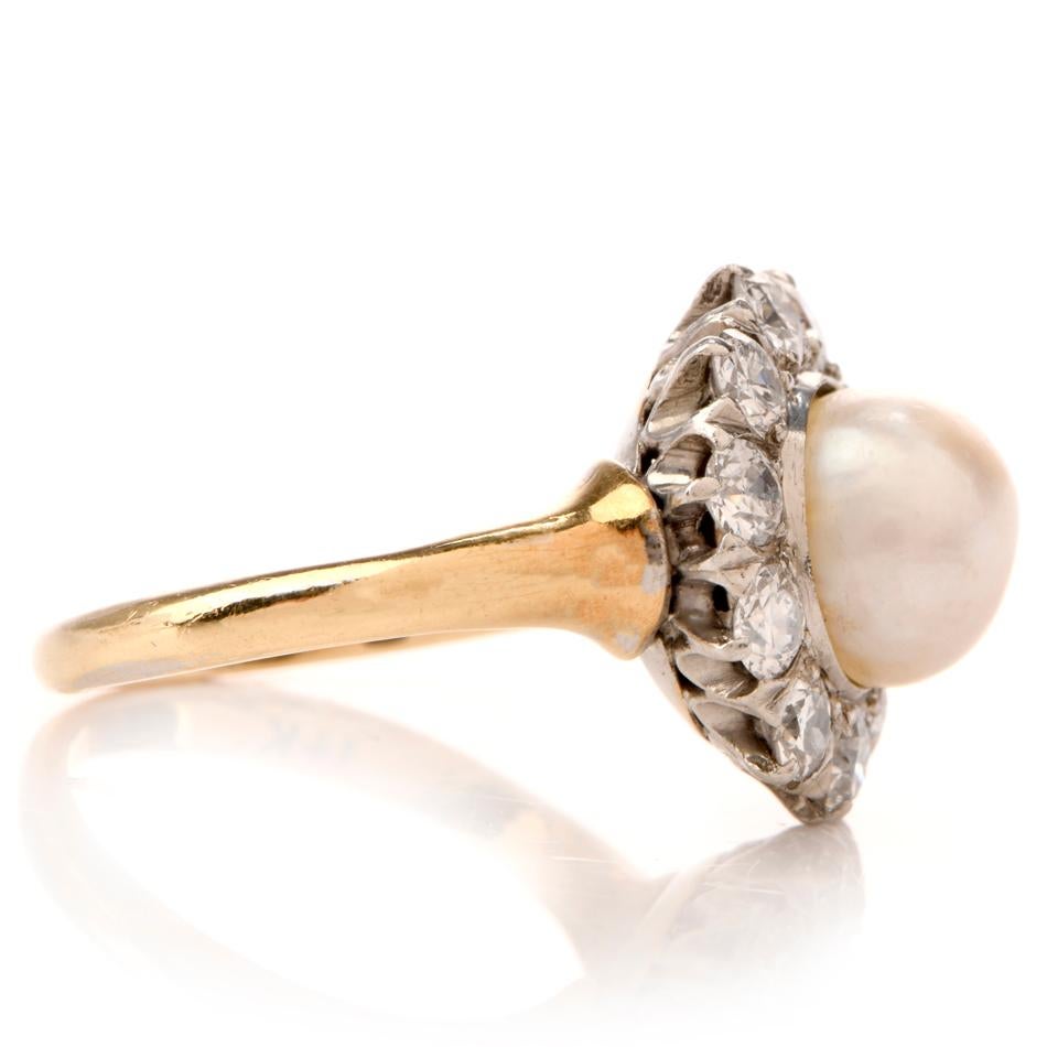 Antique Pearl Diamond 14K Yellow Gold Ring

 This classic Antique Victorian pearl diamond ring is crafted in solid 14-karat yellow gold, weighing 5.2 grams and measuring 14mm x 9mm high. Showcasing one bezel set, lustrous pearl measuring