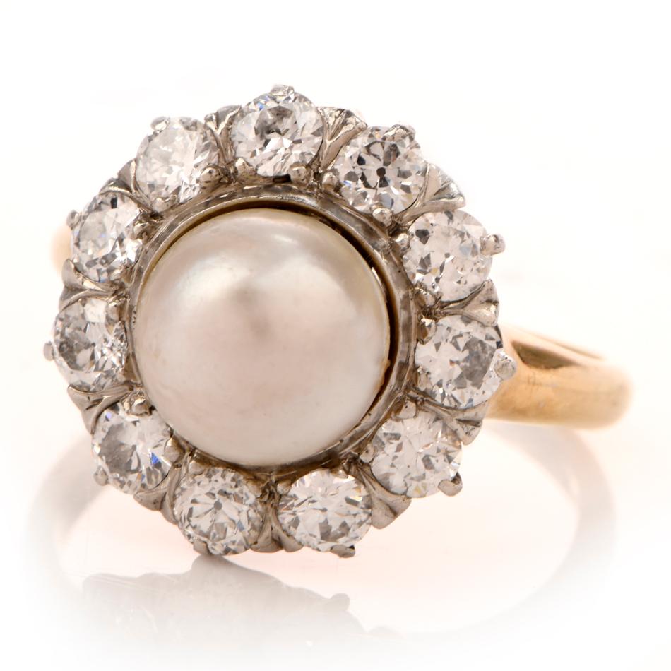 Antique Victorian Pearl Diamond 14 Karat Yellow Gold Ring In Good Condition In Miami, FL