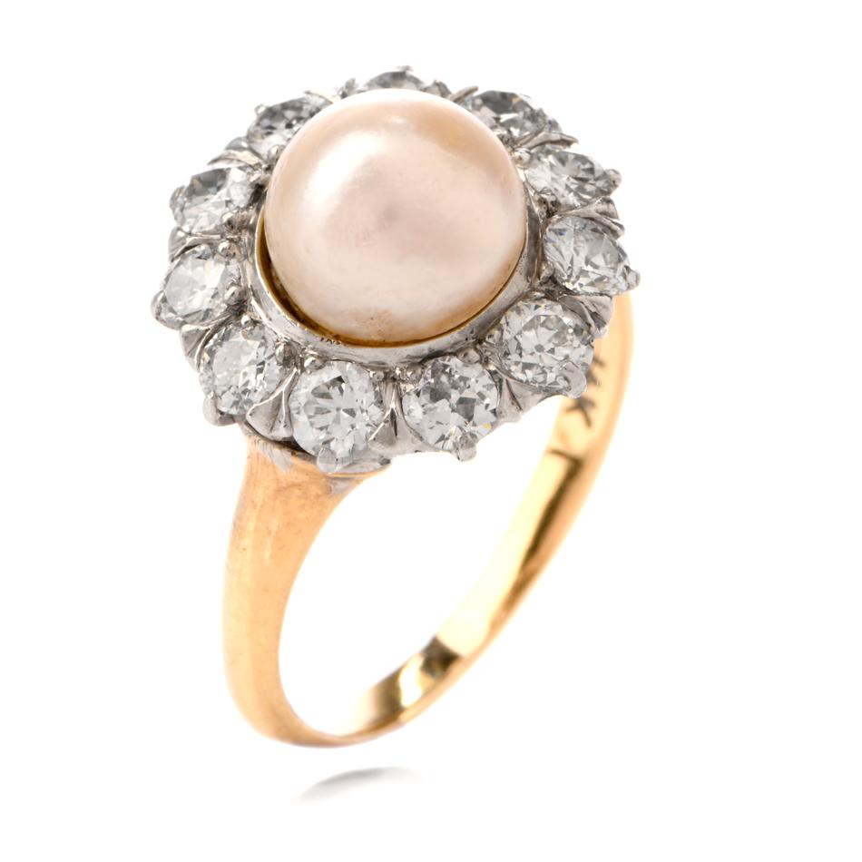 Women's Antique Victorian Pearl Diamond 14 Karat Yellow Gold Ring
