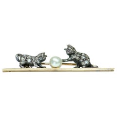 Antique Victorian Pearl Diamond Cat Brooch