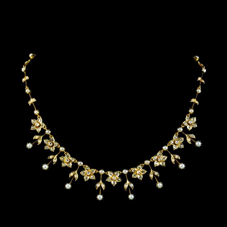 Antique Victorian Pearl Diamond Floral Necklace 18ct Gold with Box For ...