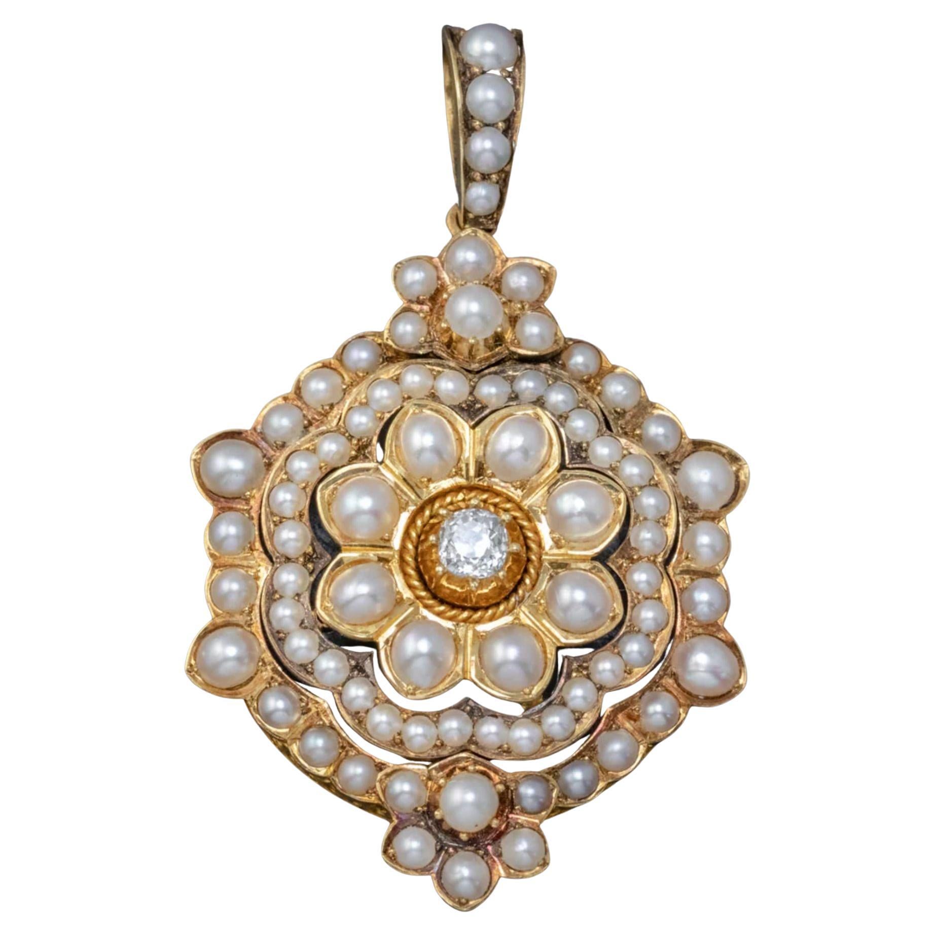 Antique Victorian Pearl Diamond Flower Pendant 18 Carat Gold, circa 1900 For Sale