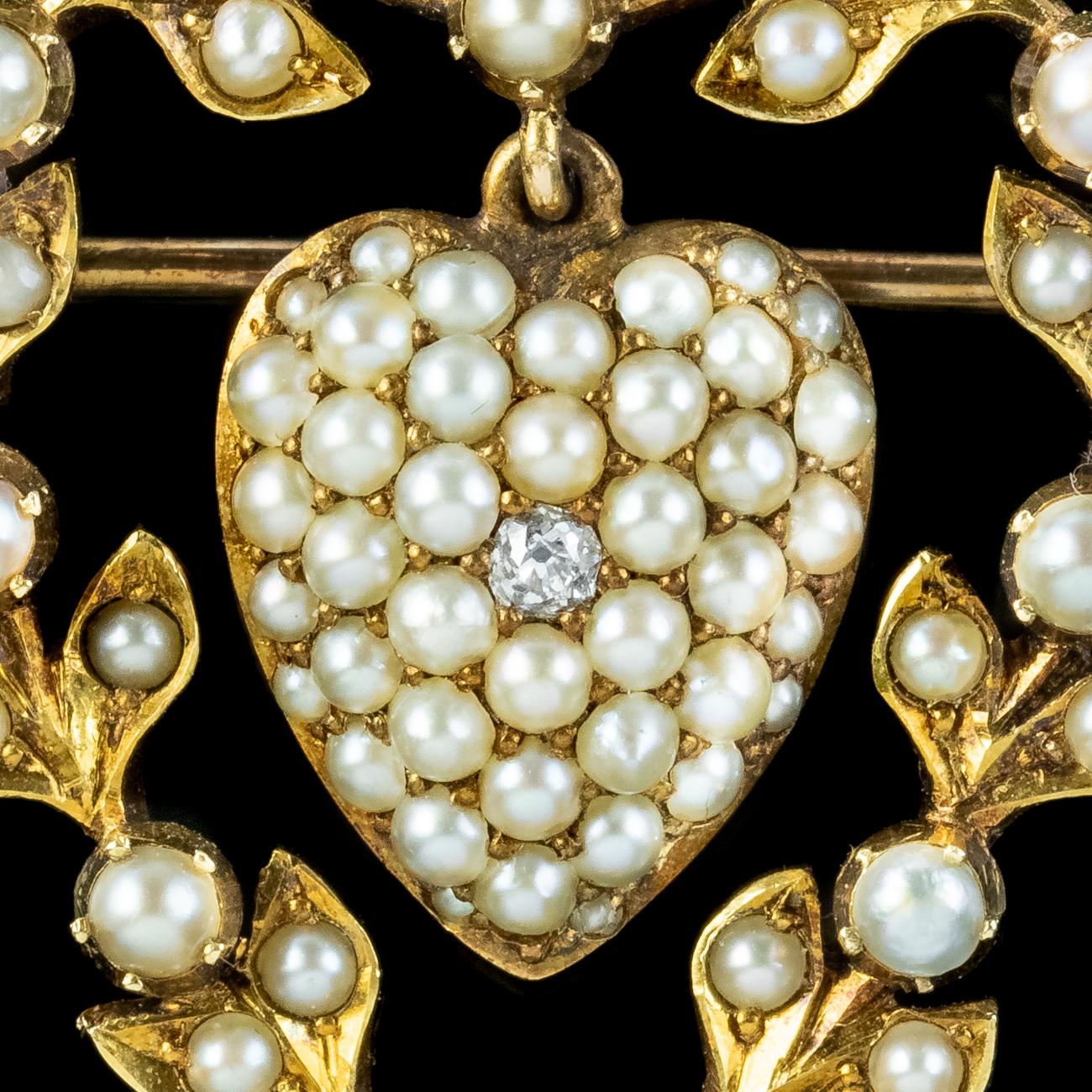 Old Mine Cut Antique Victorian Pearl Diamond Heart Brooch 15ct Gold With Locket For Sale