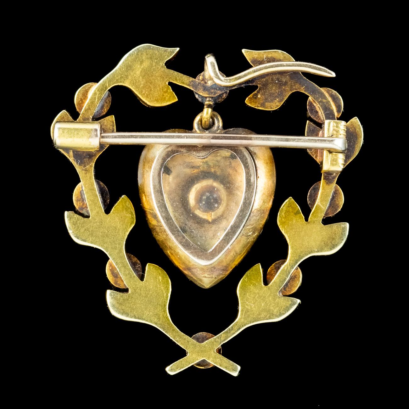 Antique Victorian Pearl Diamond Heart Brooch 15ct Gold With Locket In Good Condition For Sale In Kendal, GB