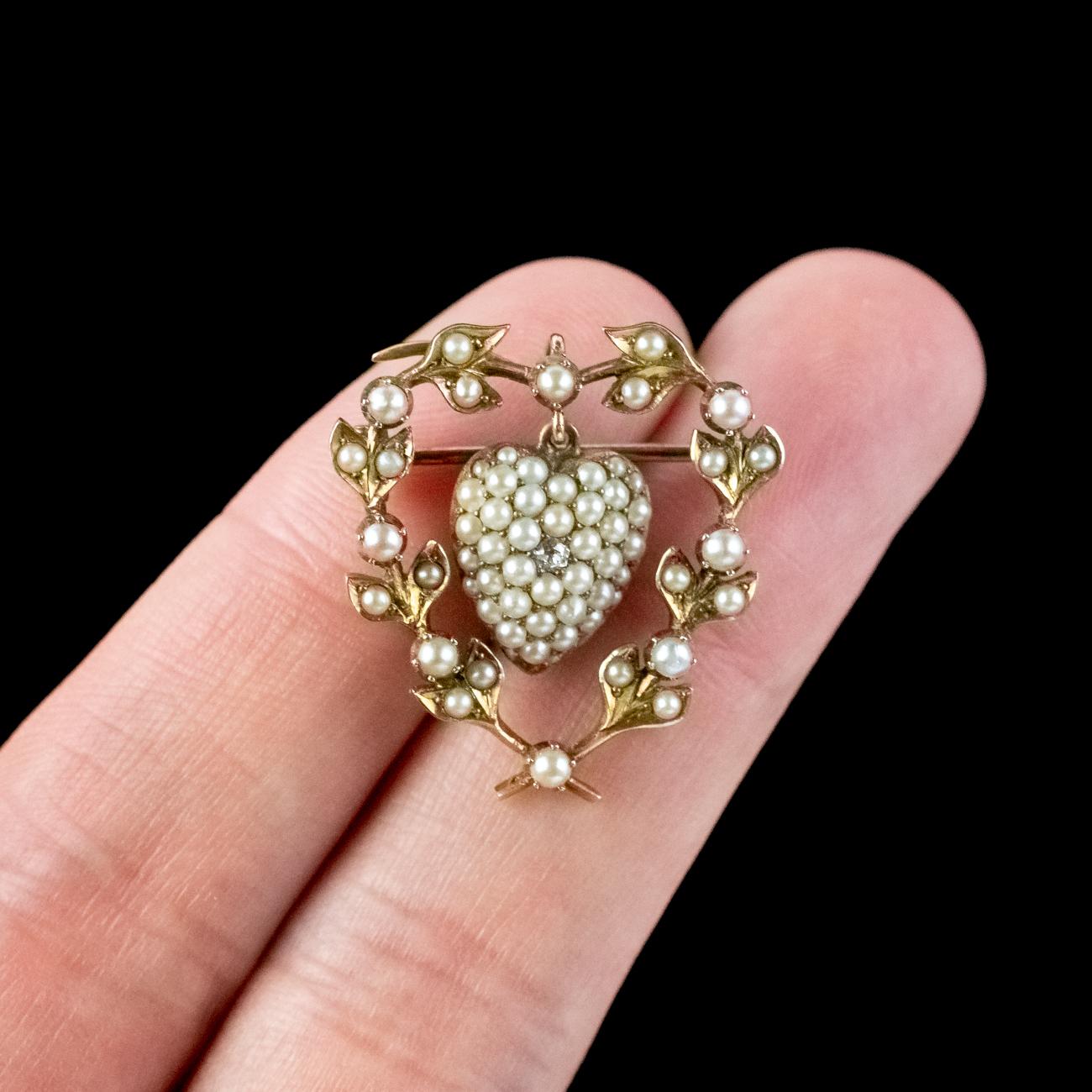 Antique Victorian Pearl Diamond Heart Brooch 15ct Gold With Locket For Sale 1