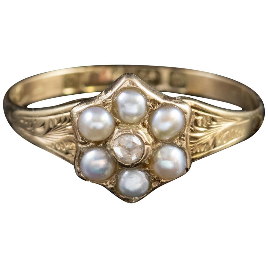 Antique Victorian Pearl Diamond Locket Ring 9 Carat Gold Dated 1848 For Sale