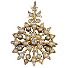 Antique Victorian Pearl Diamond Pendant Brooch 15 Carat Gold, circa 1880