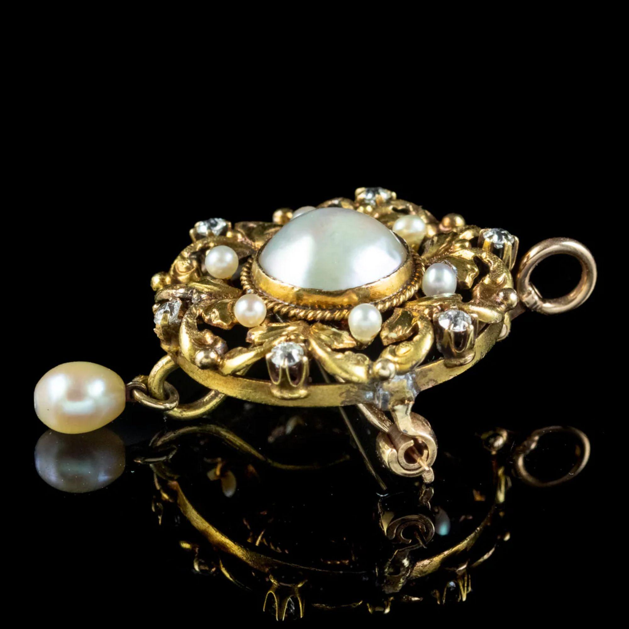 Bead Antique Victorian Pearl Diamond Pendant Brooch in 18 Carat Gold For Sale