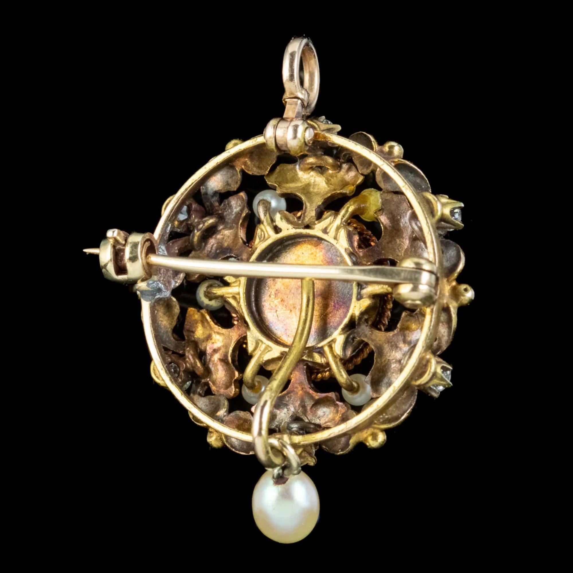 Antique Victorian Pearl Diamond Pendant Brooch in 18 Carat Gold In Good Condition For Sale In Kendal, GB