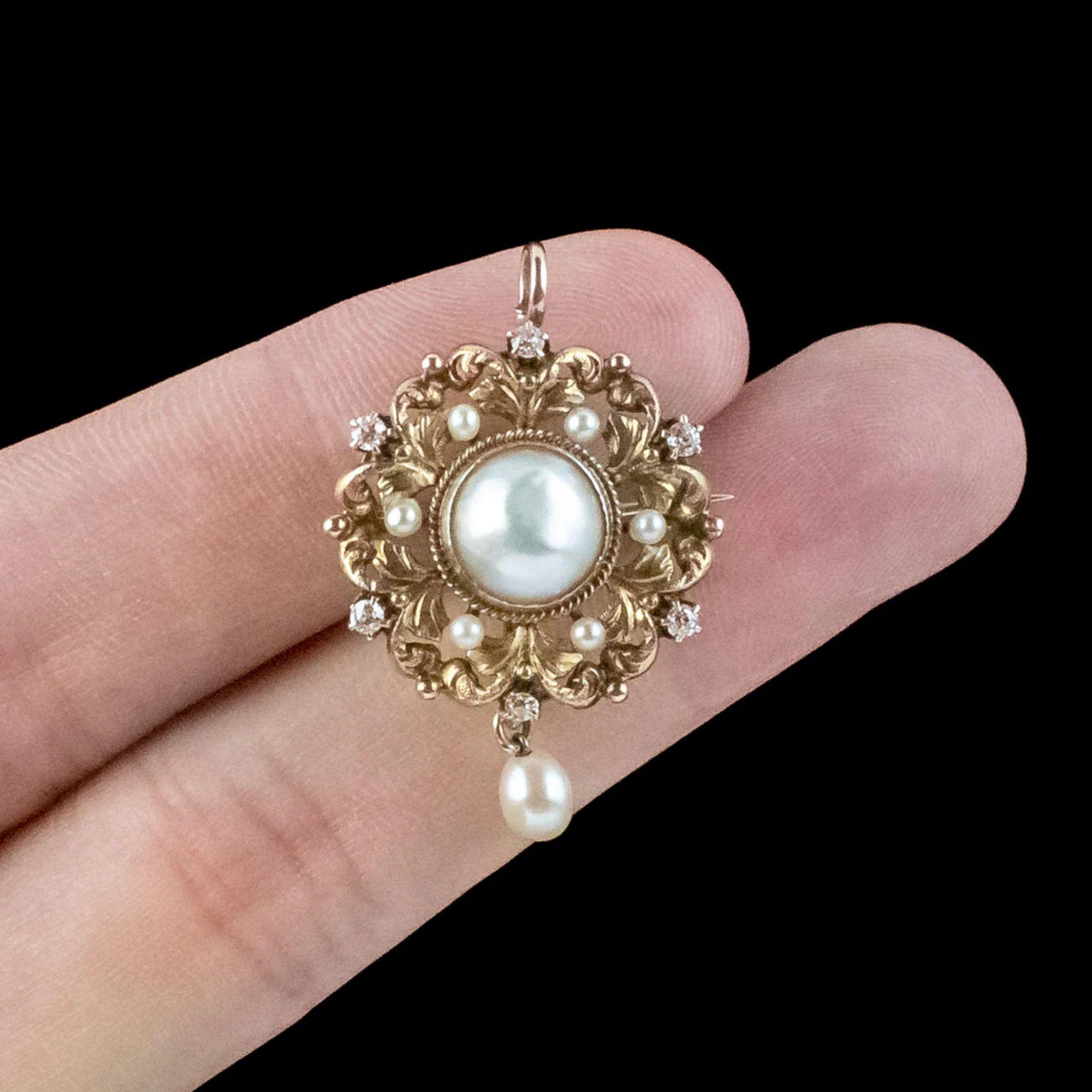Women's Antique Victorian Pearl Diamond Pendant Brooch in 18 Carat Gold For Sale