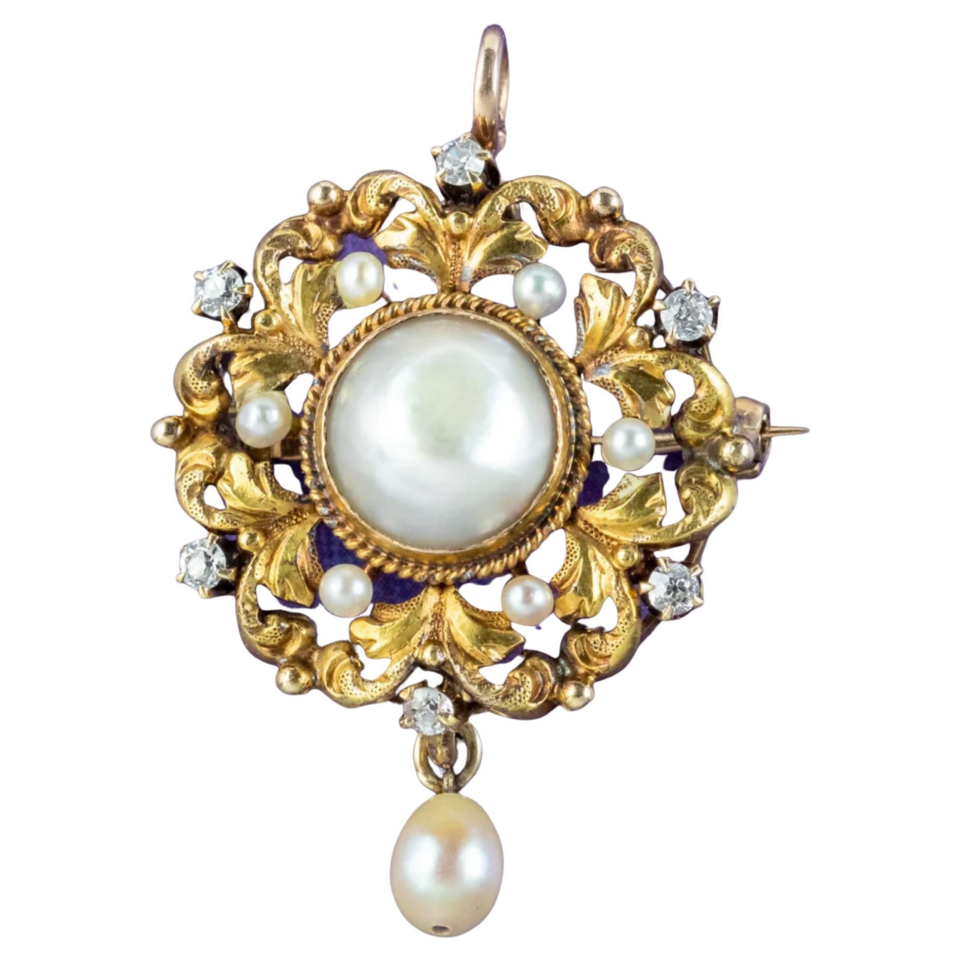 Antique Victorian Pearl Diamond Pendant Brooch in 18 Carat Gold For Sale