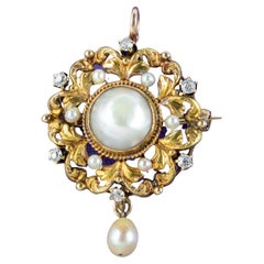 Antique Victorian Pearl Diamond Pendant Brooch in 18 Carat Gold