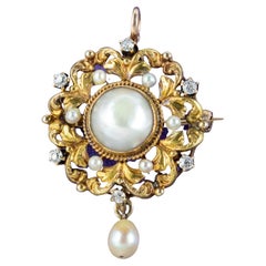 Broche pendentif victorienne ancienne en or 18 carats avec perles et diamants