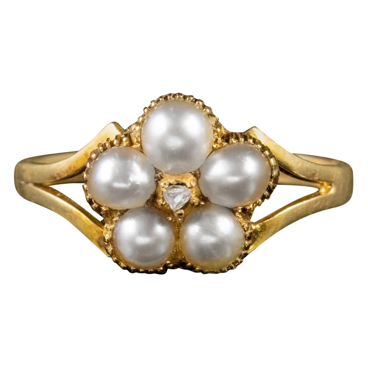 Antique Victorian Pearl Diamond Ring 18 Carat Gold Locket Back, circa 1880 For Sale