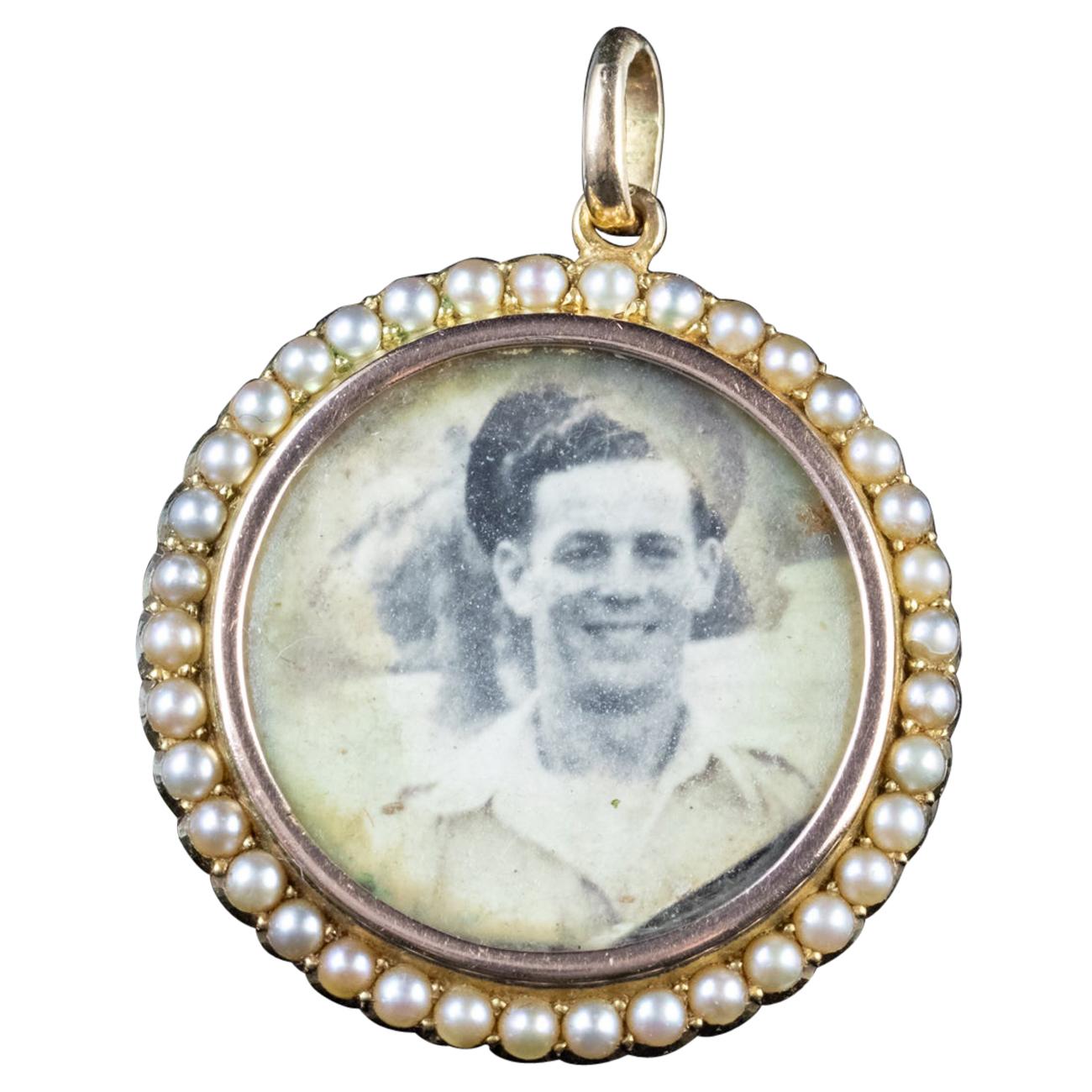 Antique Victorian Pearl Double Side Photo Locket Pendant 15 Carat Gold For Sale