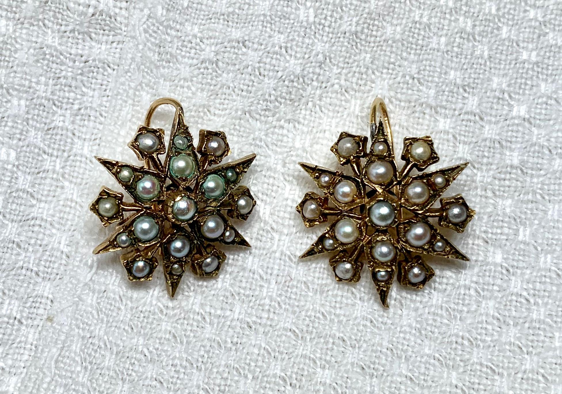 Round Cut Antique Victorian Pearl Earrings 14 Karat Gold Star Snowflake Motif