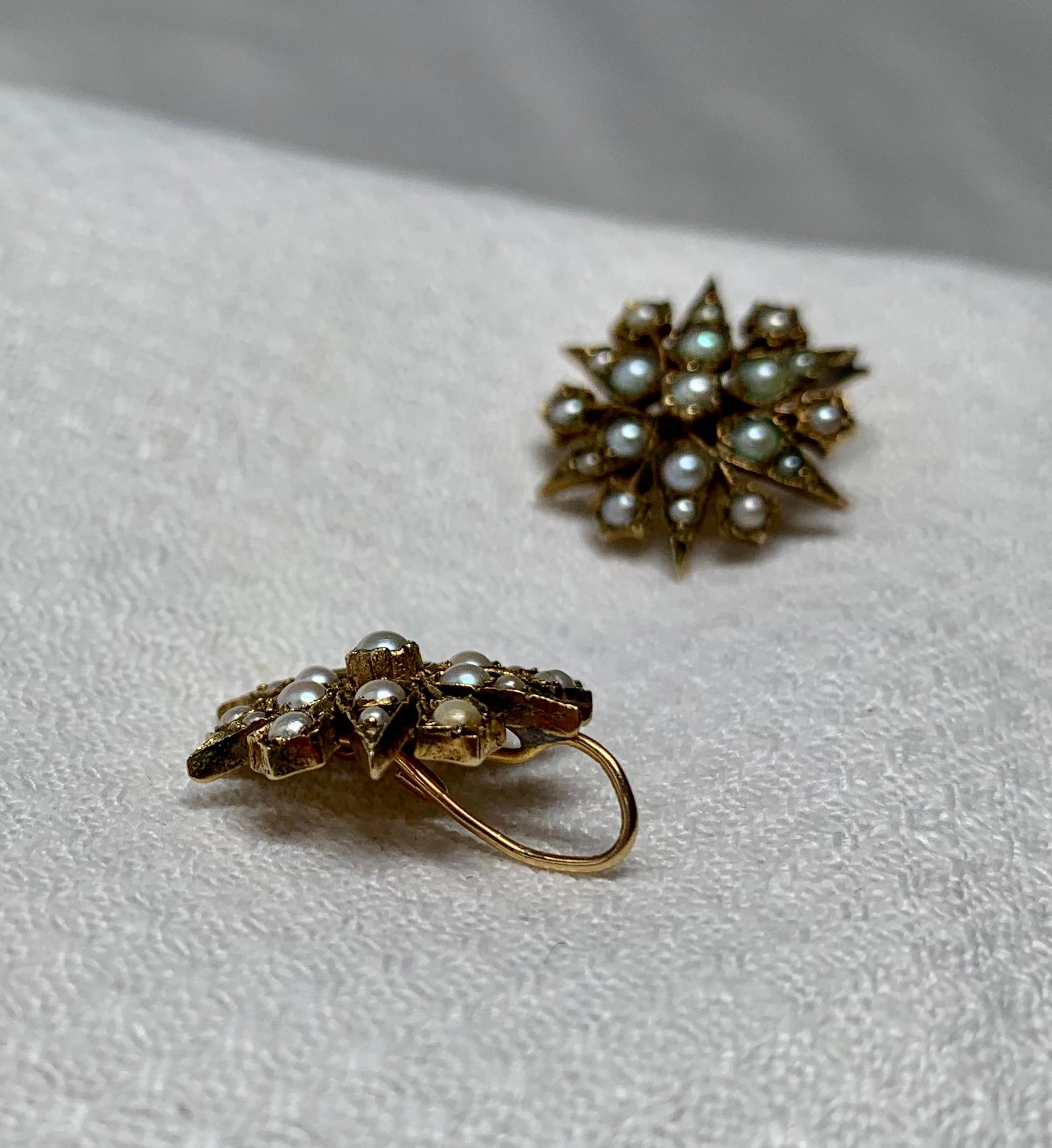 Women's Antique Victorian Pearl Earrings 14 Karat Gold Star Snowflake Motif