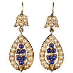 Antique Victorian Pearl Earrings Lapis Lazuli 15 Carat Gold, circa 1880