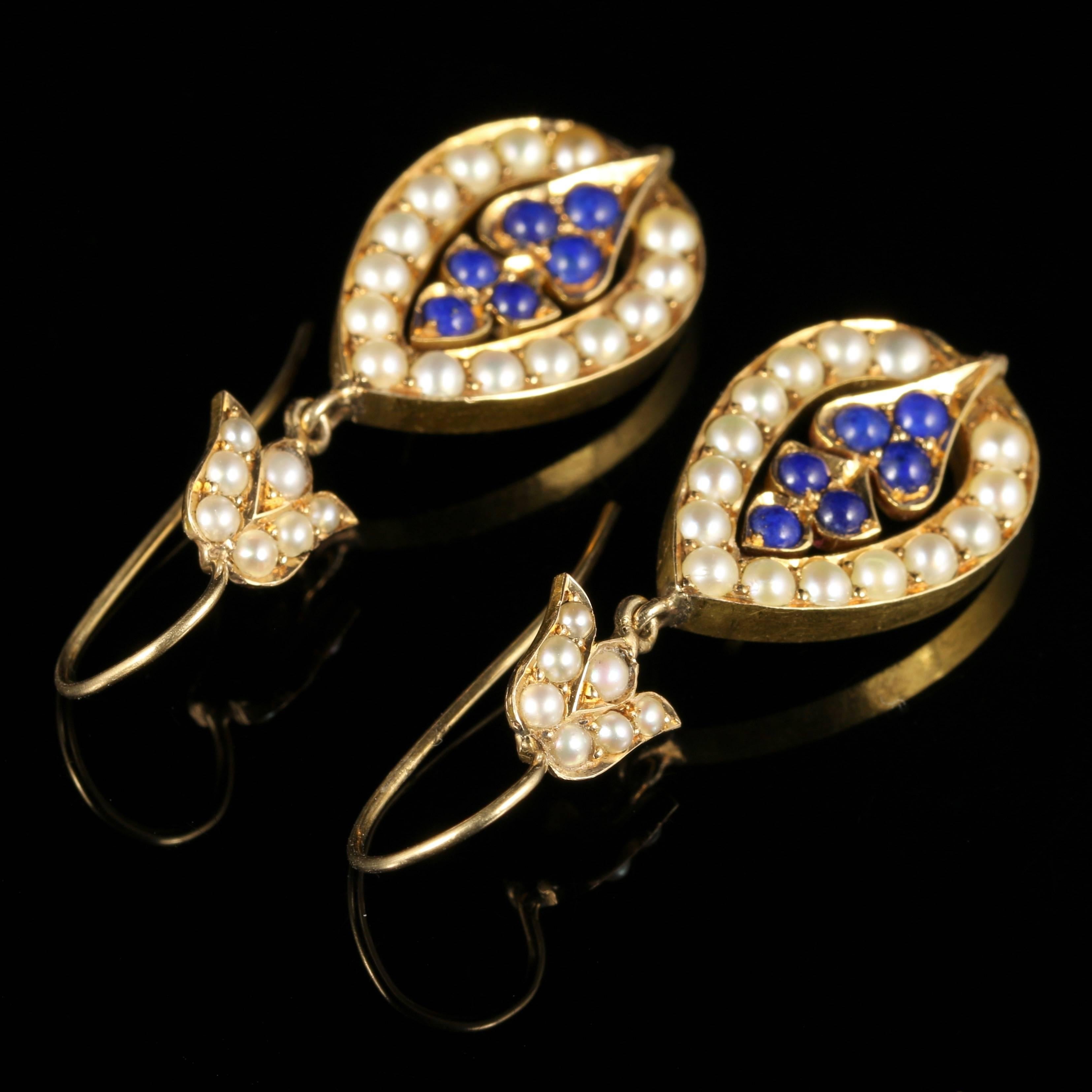 Antique Victorian Pearl Earrings Lapis Lazuli 15 Carat Gold, circa 1880 In Excellent Condition In Lancaster, Lancashire