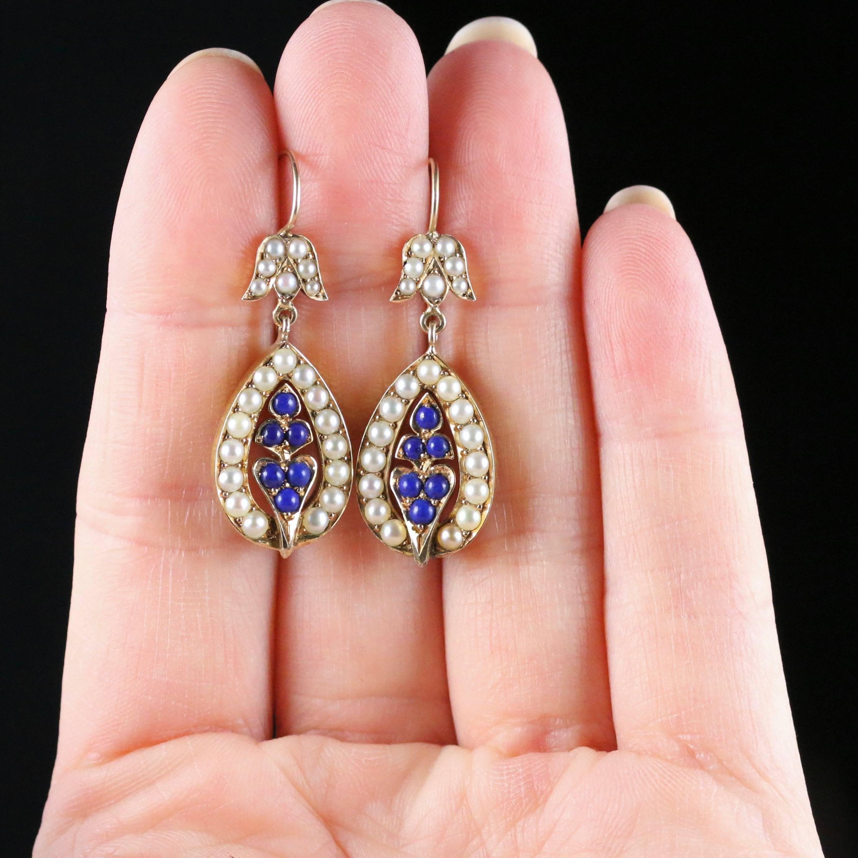 Antique Victorian Pearl Earrings Lapis Lazuli 15 Carat Gold, circa 1880 2