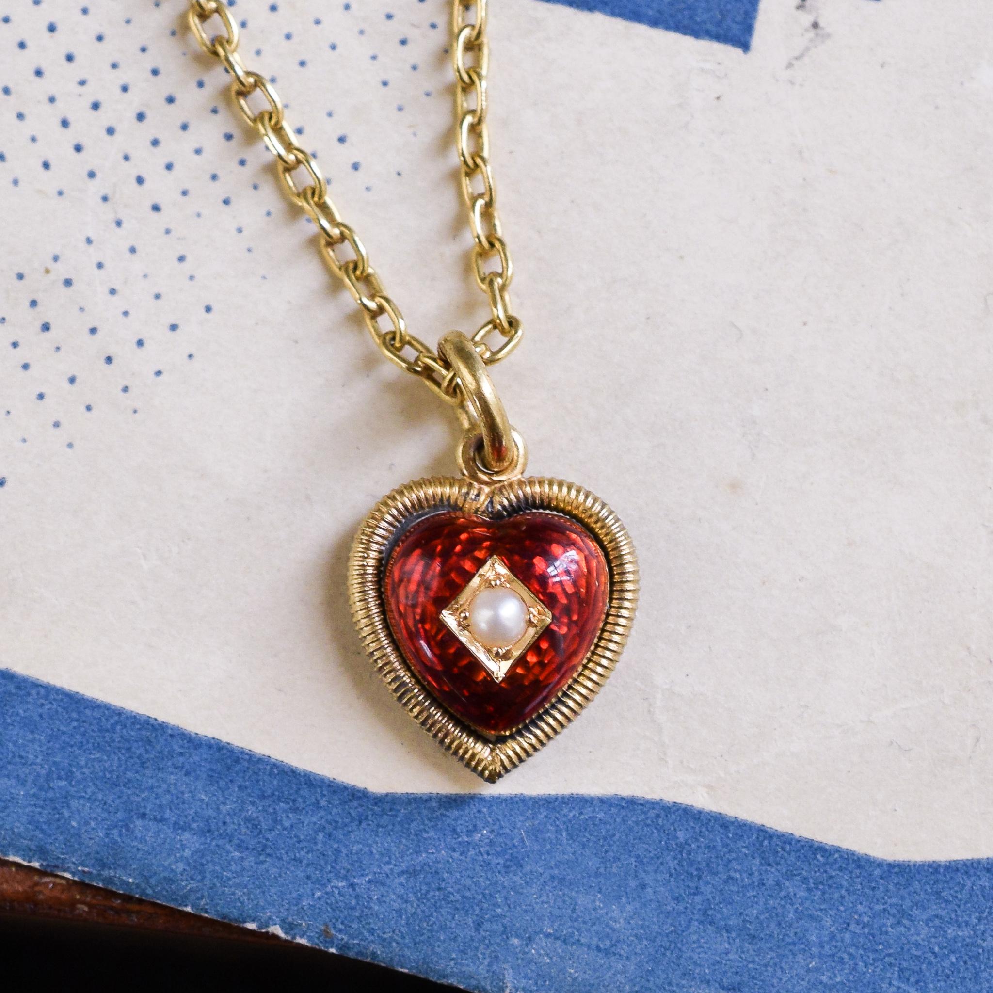 Antique Victorian Pearl Enamel Heart Locket Pendant In Good Condition In Sale, Cheshire