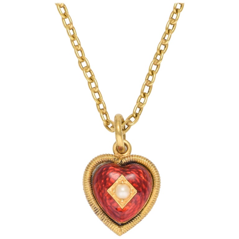 Antique Victorian Pearl Enamel Heart Locket Pendant at 1stDibs