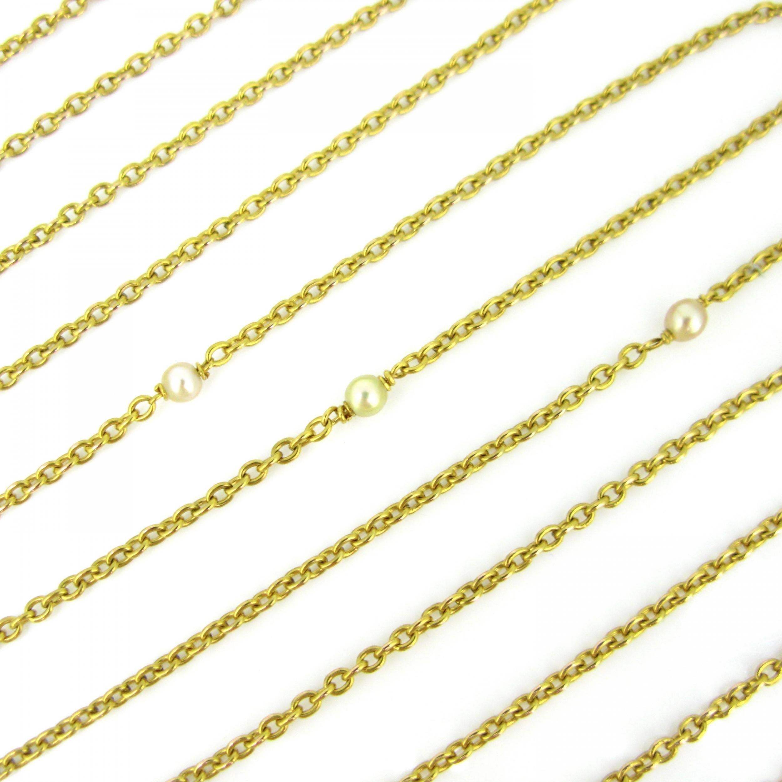 Antique Victorian Pearl Long Guard Chain, 68in, 18kt Yellow Gold, France, c.1880 4