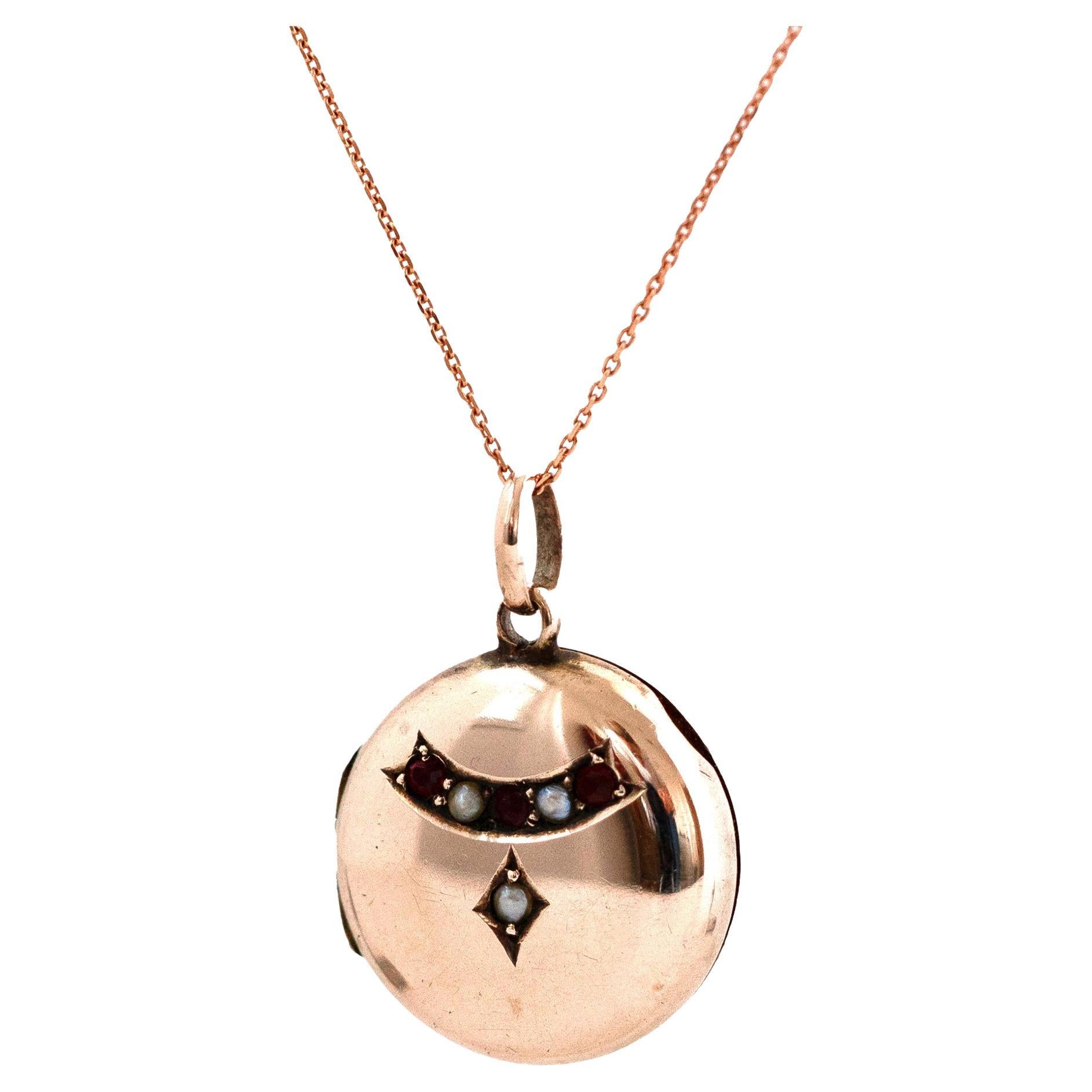 Médaillon victorien ancien en or rose 9ct avec perles et rubis