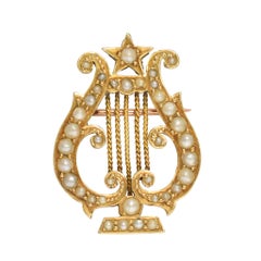 Antique Victorian Pearl-Set Gold Lyre Brooch