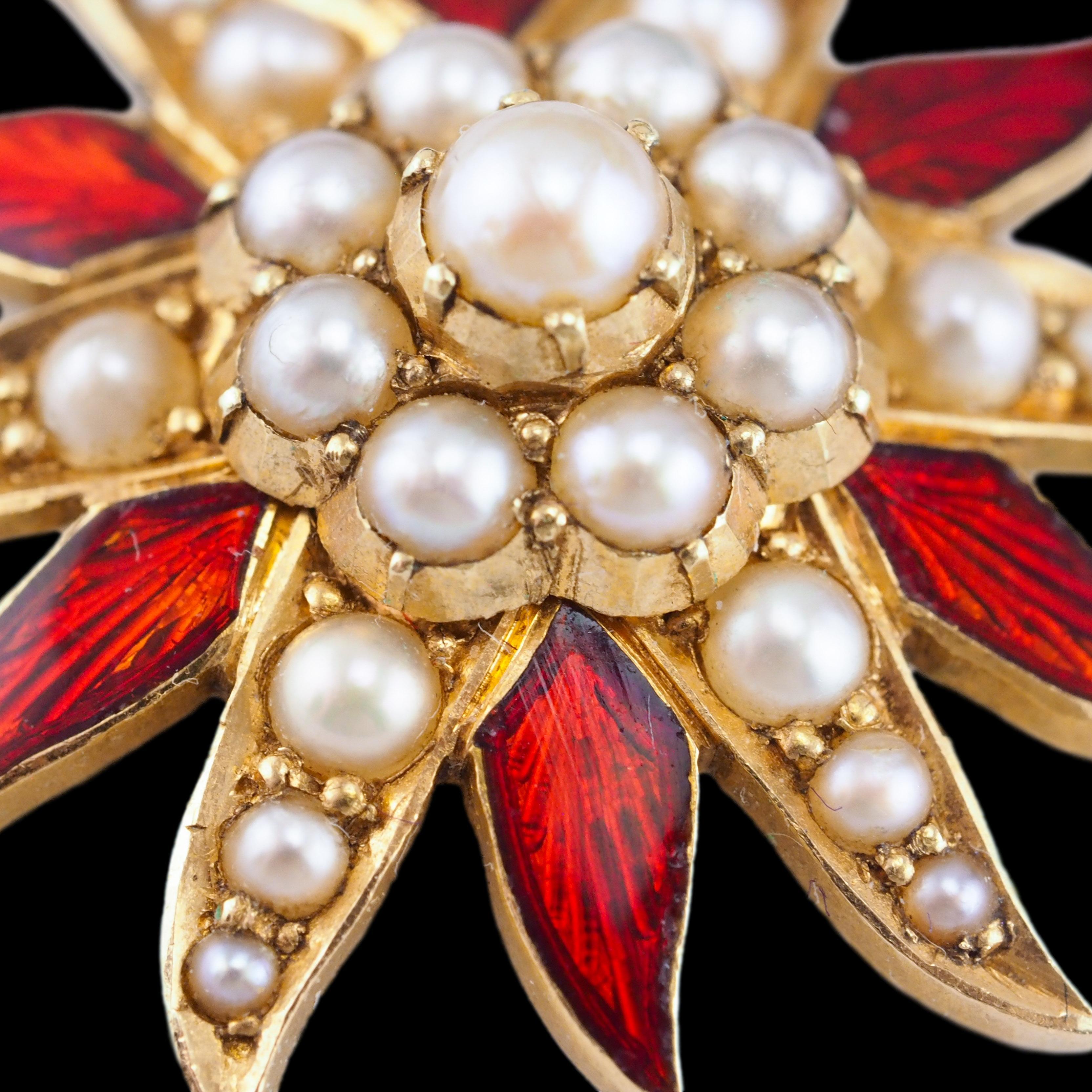 Antique Victorian Pearl Star Pendant Necklace with Red Enamel 15K Gold - c.1900 in vendita 4