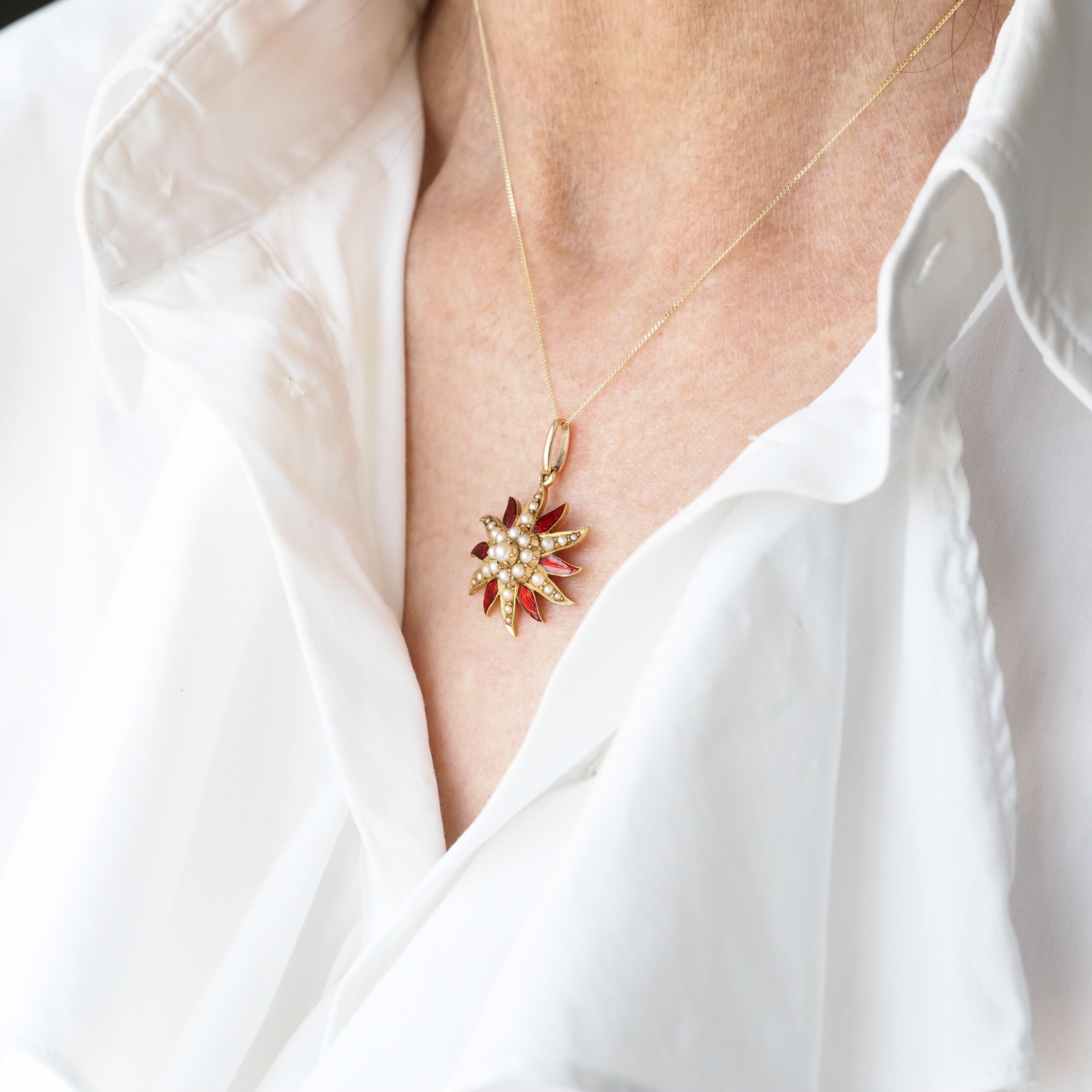 Antique Victorian Pearl Star Pendant Necklace with Red Enamel 15K Gold - c.1900 in vendita 6