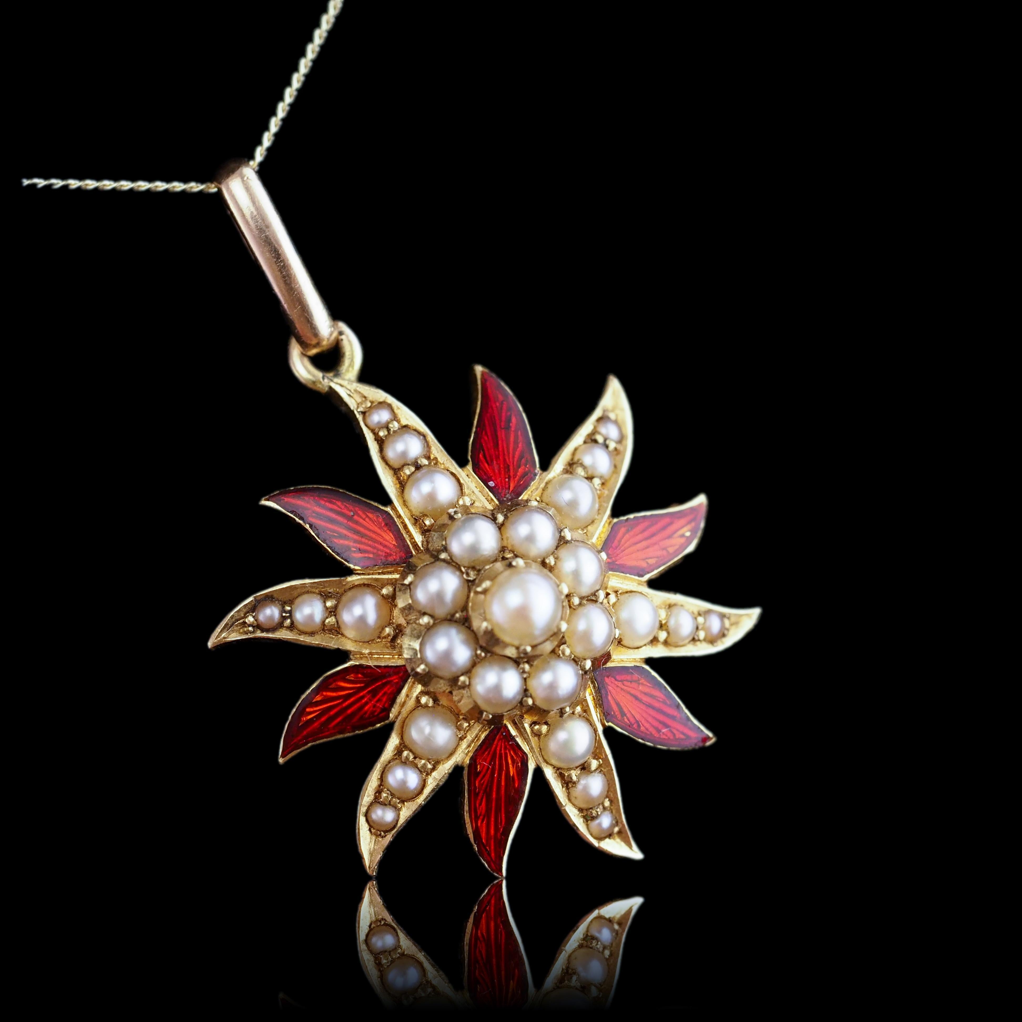 Antique Victorian Pearl Star Pendant Necklace with Red Enamel 15K Gold - c.1900 in vendita 7