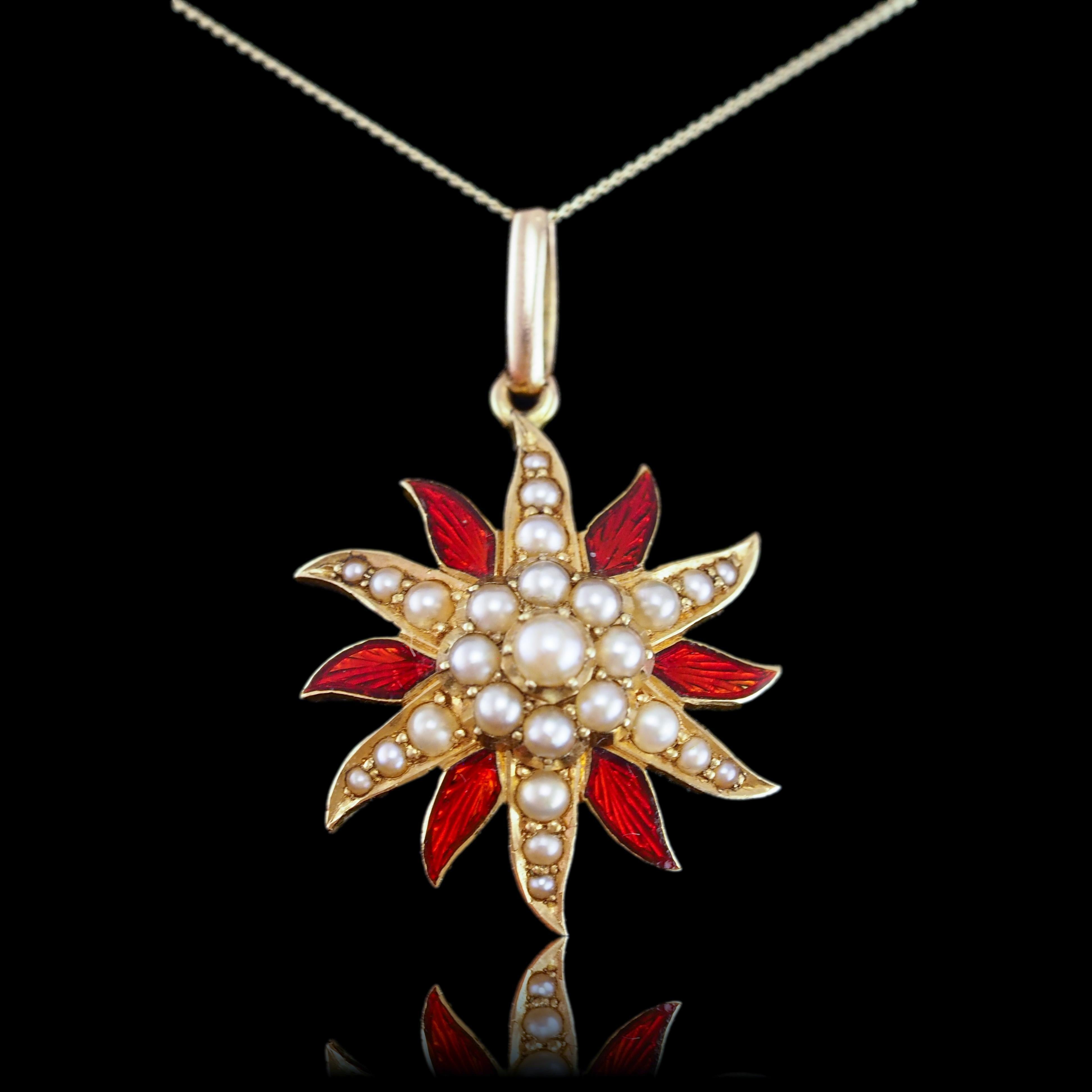 Antique Victorian Pearl Star Pendant Necklace with Red Enamel 15K Gold - c.1900 in vendita 8
