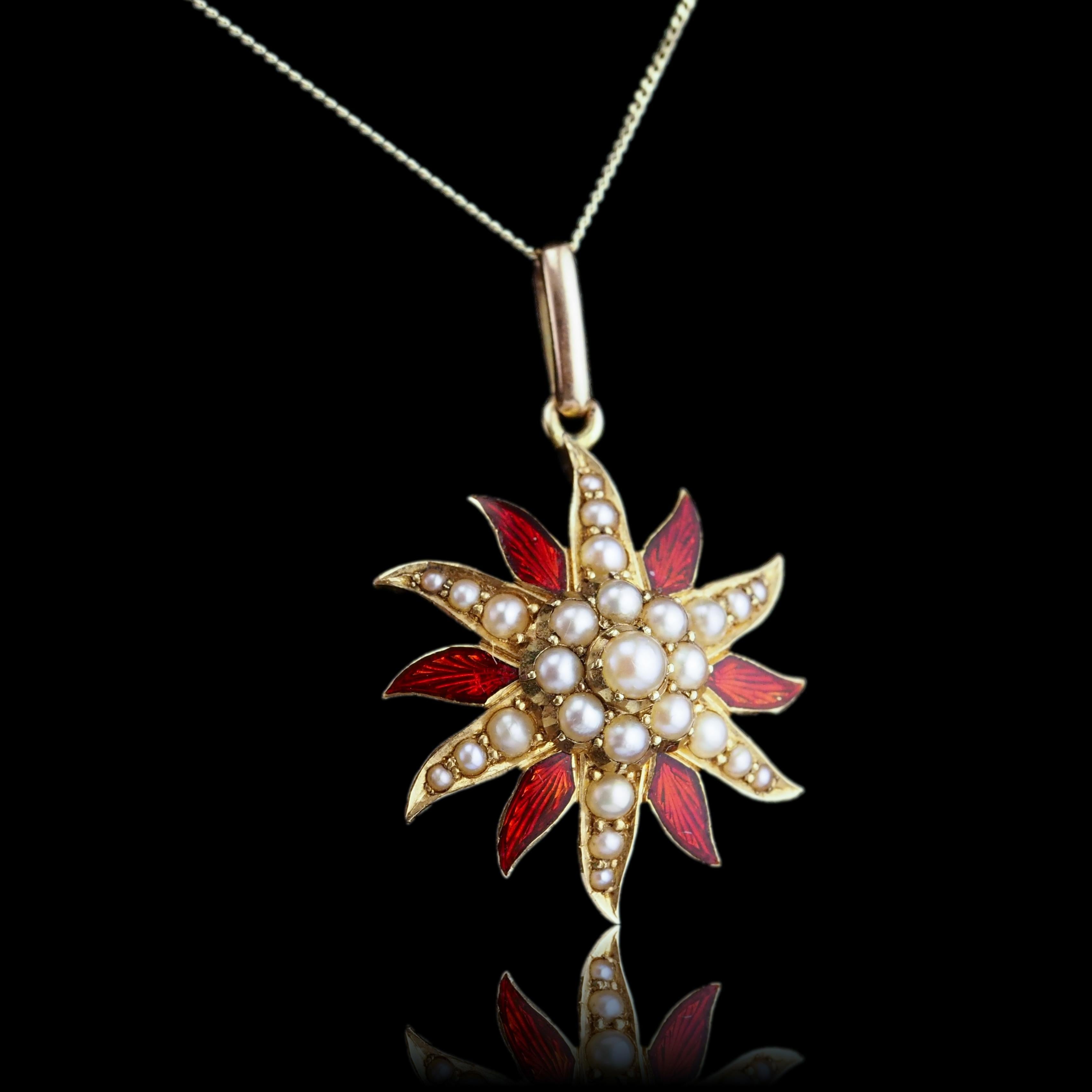 Antique Victorian Pearl Star Pendant Necklace with Red Enamel 15K Gold - c.1900 in vendita 9